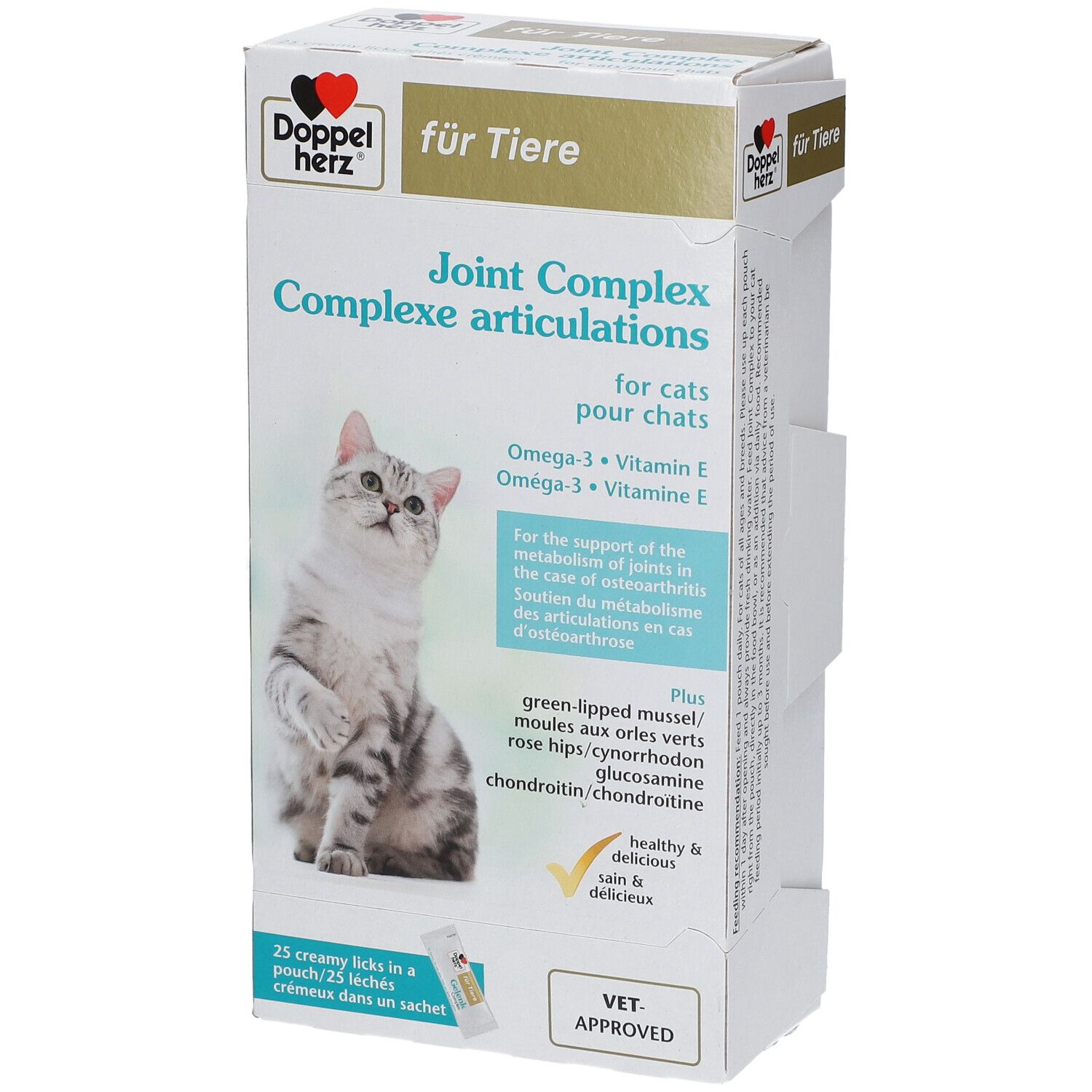 Doppelherz® für Tiere Gelenk Complex. Doos met productafbeelding en kat. Tekst: Joint Complex, Omega-3, Vitamine E. VET. APPROVED.