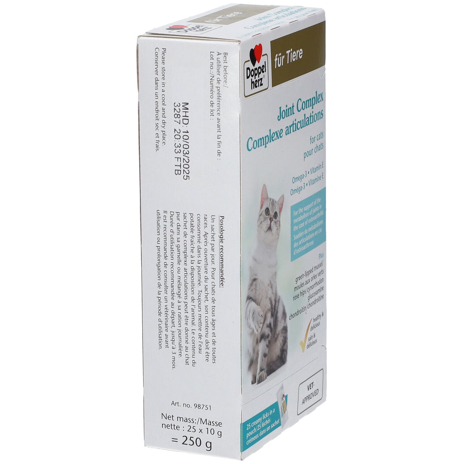 Doppelherz® für Tiere Gelenk Complex. Doos, zijaanzicht. Tekst: Joint Complex, MHD, 250g. Met kat en productafbeelding.