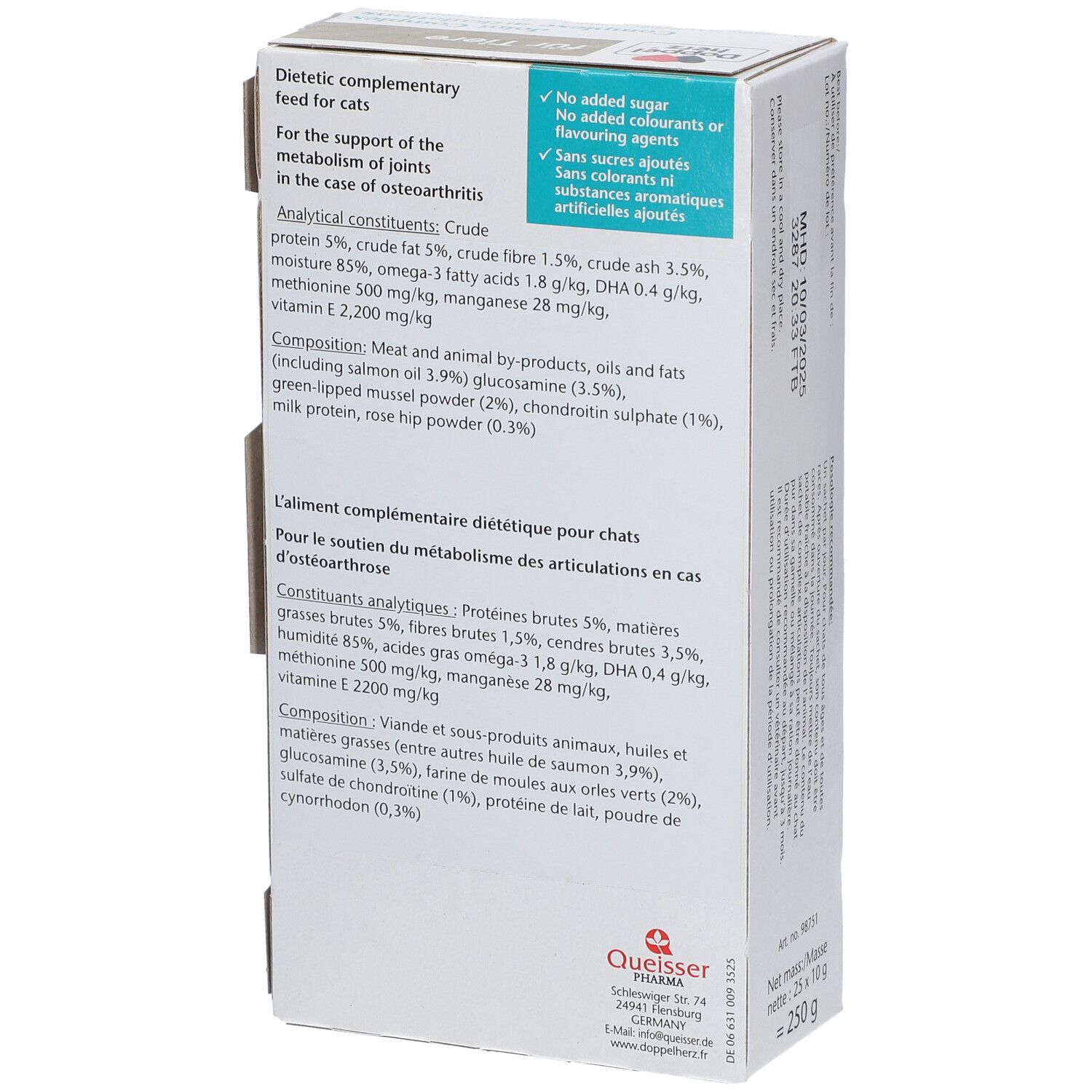 Doppelherz® für Tiere Gelenk Complex. Doos, achterkant. Tekst: Analytische bestanddelen, ingrediënten, zonder suiker toegevoegd.