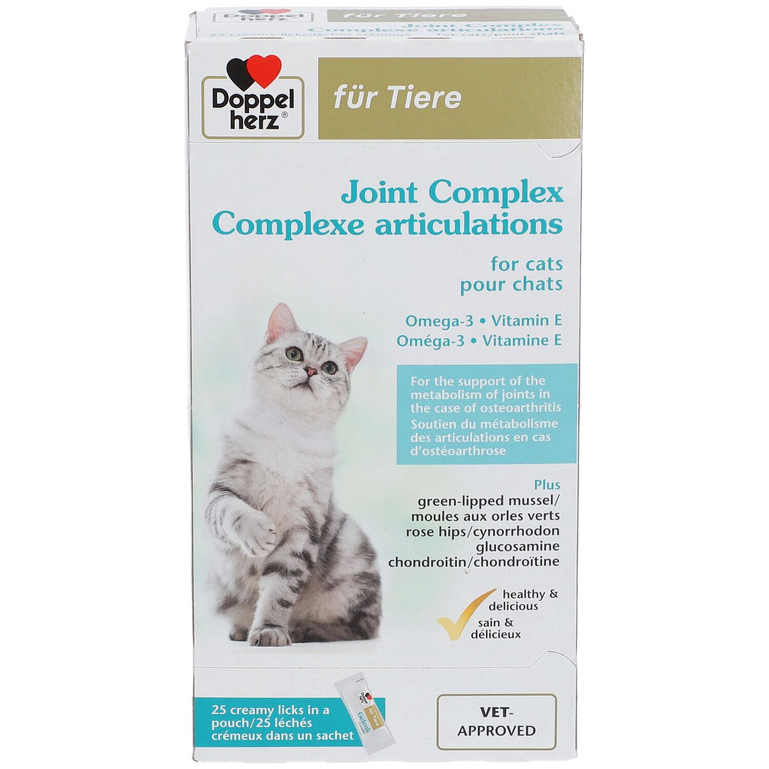 Doppelherz® für Tiere Gelenk Complex. Doos met productafbeelding en kat. Tekst: Joint Complex, Omega-3, Vitamine E. VET. APPROVED.