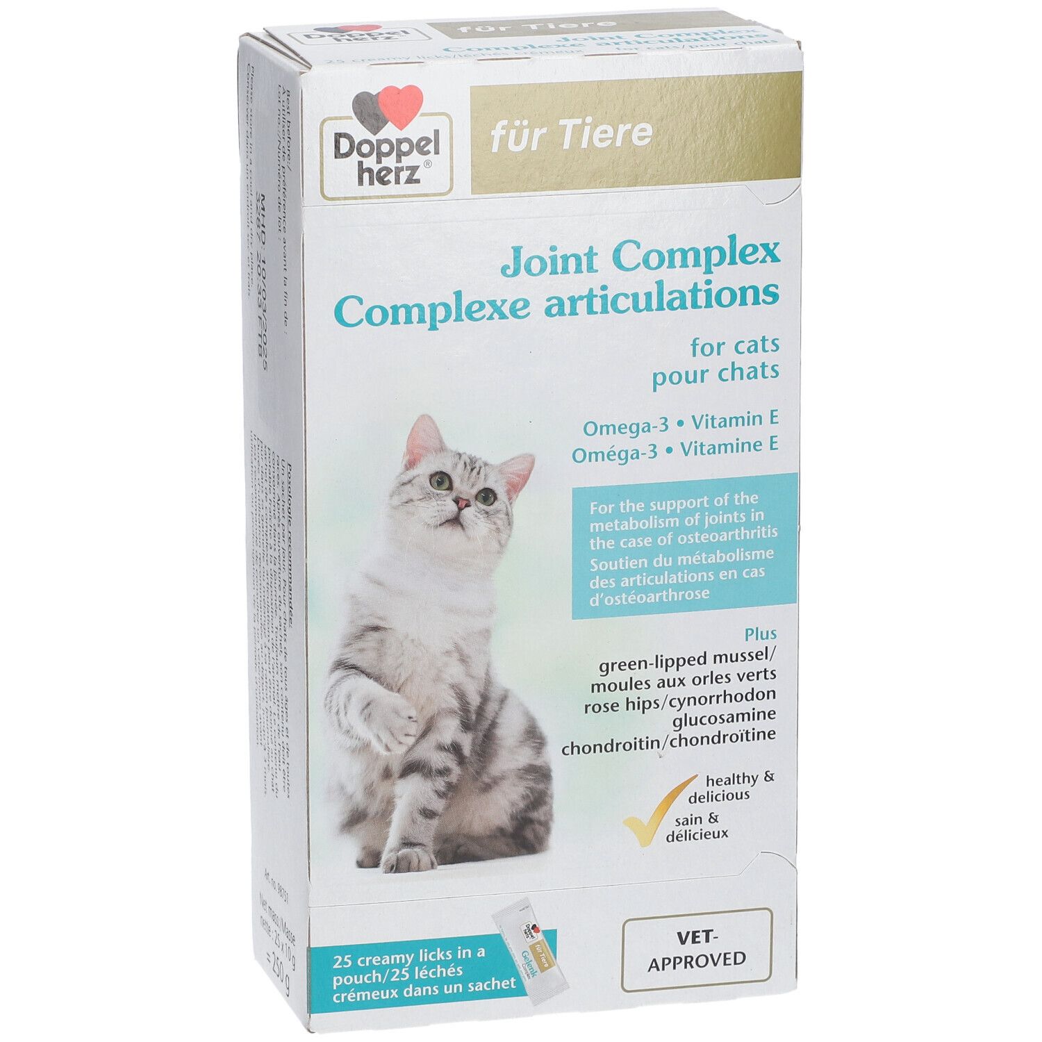Doppelherz® für Tiere Gelenk Complex. Doos met productafbeelding en kat. Tekst: Joint Complex, Omega-3, Vitamine E. VET. APPROVED.