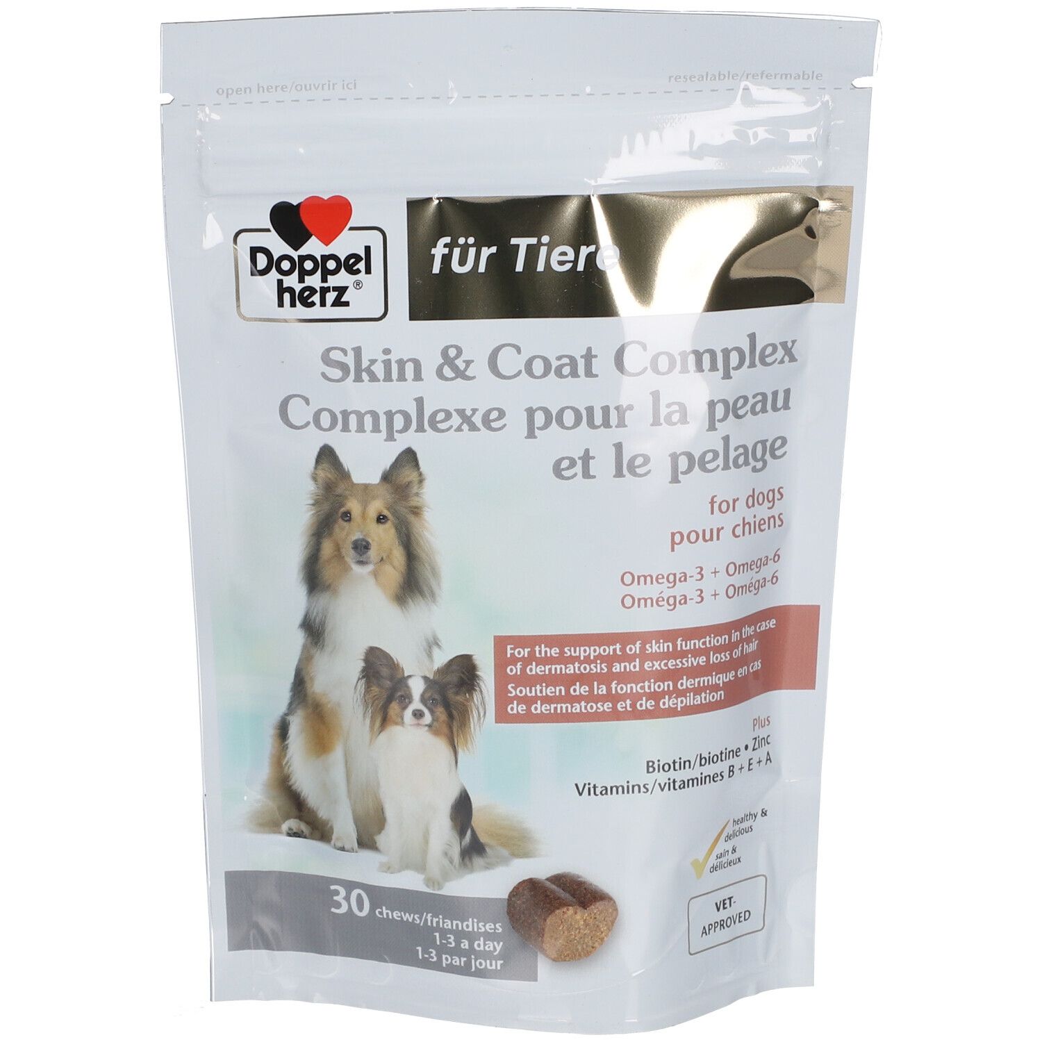 Sachet de Doppelherz Skin & Coat Complex pour chiens. Image de chiens. Contient 30 comprimés à croquer. Avec oméga-3 et oméga-6.