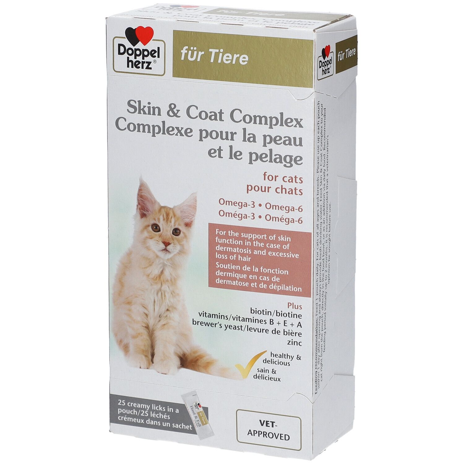 Boîte avec nom du produit et illustration de chat. Texte : Skin & Coat Complex, pour chats. Contient Oméga-3, Oméga-6. VET-APPROVED.
