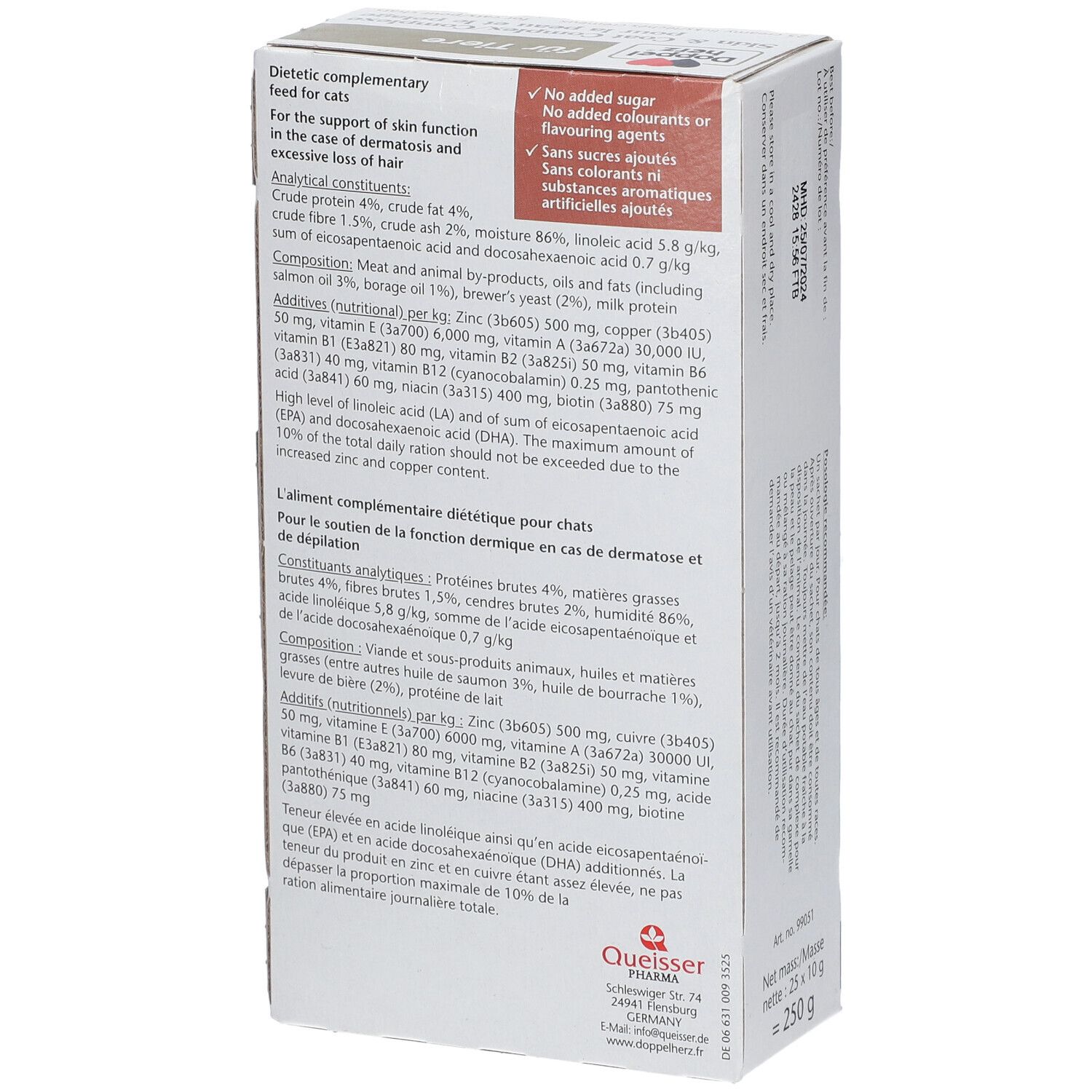 Dos de l'emballage du produit. Texte : Constituants analytiques, ingrédients, composition. Contient Oméga-3, Oméga-6. Net: 25 x 10 g = 250 g.