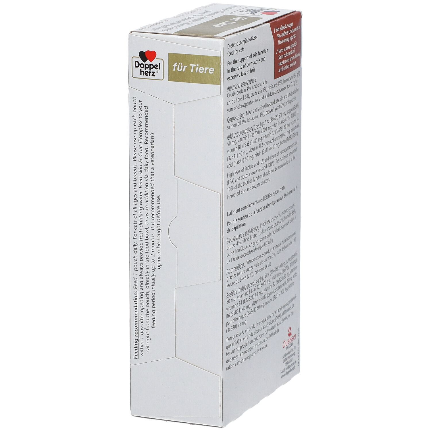 Vue latérale de l'emballage du produit. Texte : Recommandations d'alimentation. Contient Oméga-3, Oméga-6. VET-APPROVED. Net: 25 x 10 g = 250 g.