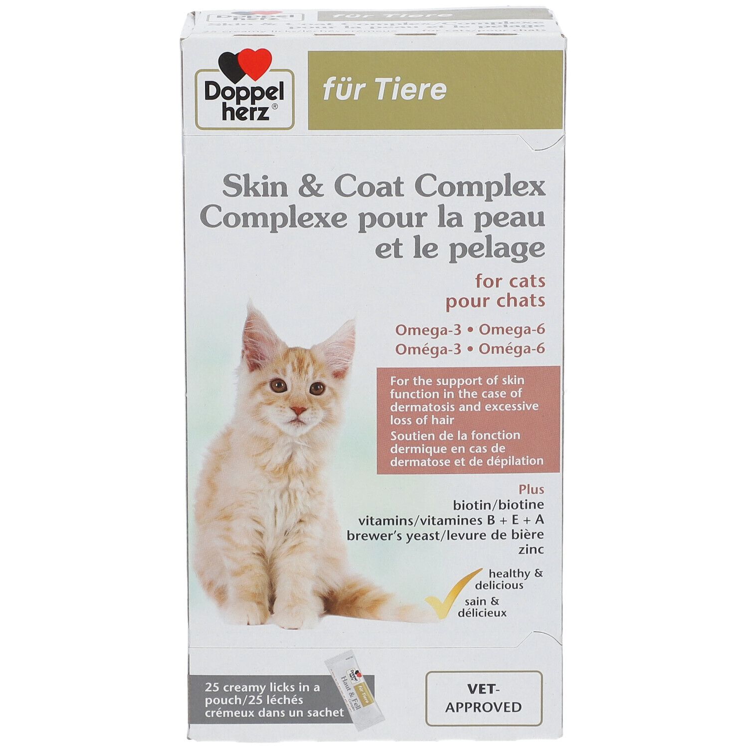 Emballage du produit avec illustration de chat. Texte : Skin & Coat Complex, pour chats. Contient Oméga-3, Oméga-6. VET-APPROVED. 25 friandises crémeuses.