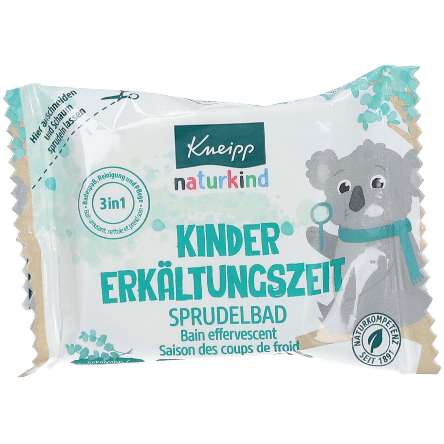 Verpakking Kneipp naturkind Kinder Erkältungszeit bruisbad. Afbeelding van een koala met sjaal. Tekst: 3in1, Bain effervescent, Saison des coups de froid.