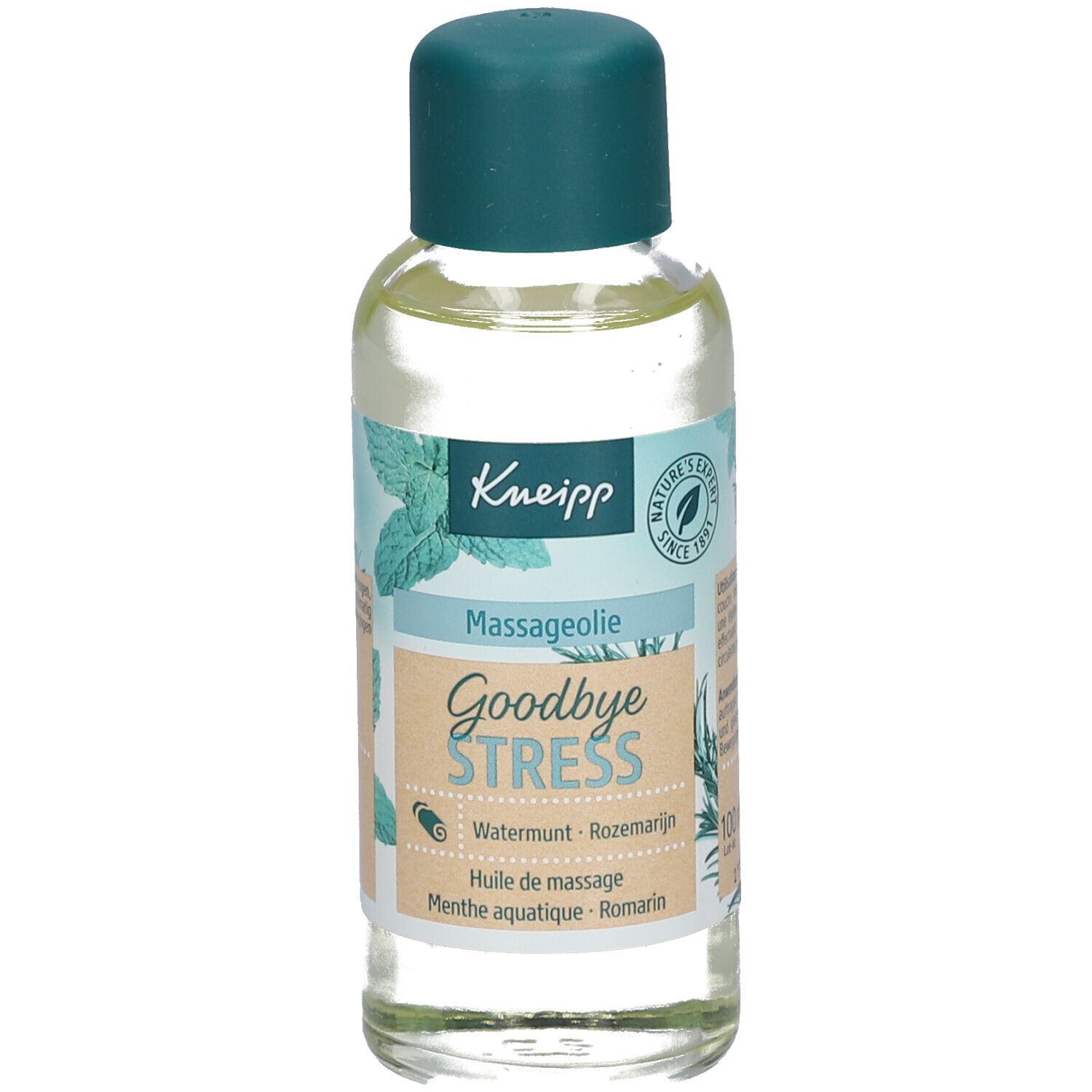 Kneipp Goodbye Stress massageolie. Fles met groene dop. Etiket met productnaam, ingrediënten en logo.