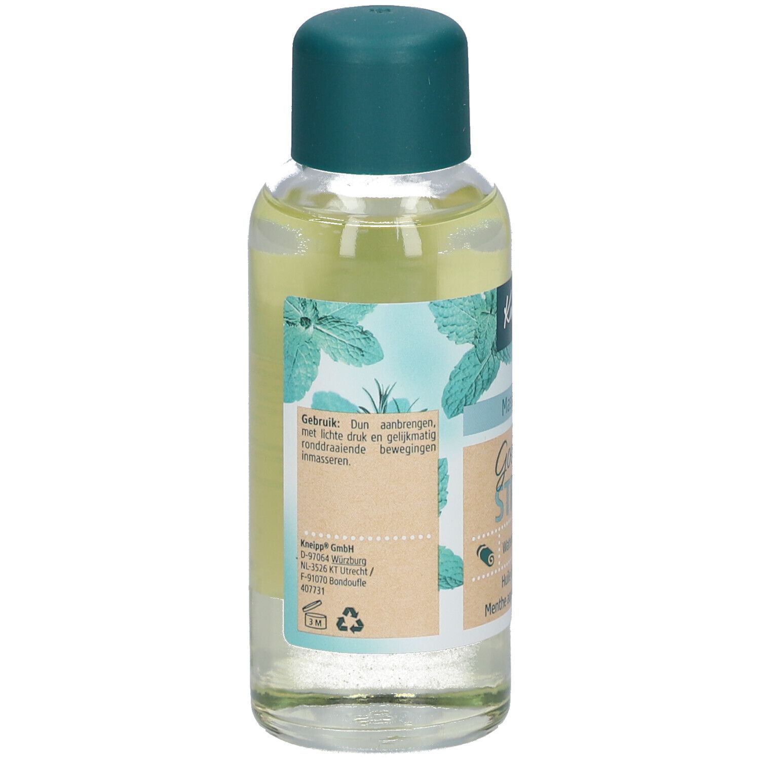 Achterkant van de Kneipp Goodbye Stress massageolie fles. Etiket met gebruiksaanwijzing en fabrikantinfo.
