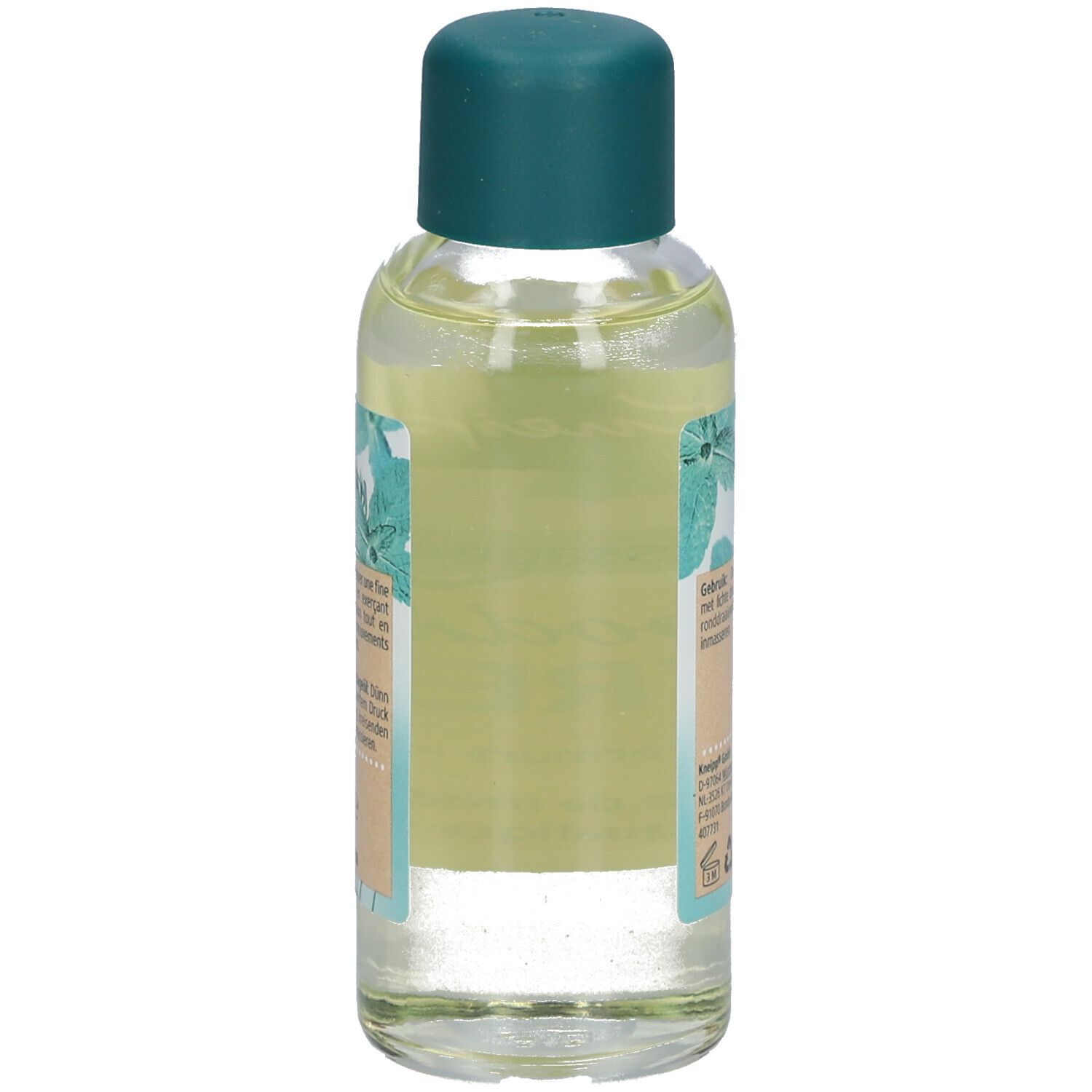 Achteraanzicht van de Kneipp Goodbye Stress massageolie fles. Etiket met instructies en fabrikantinfo.