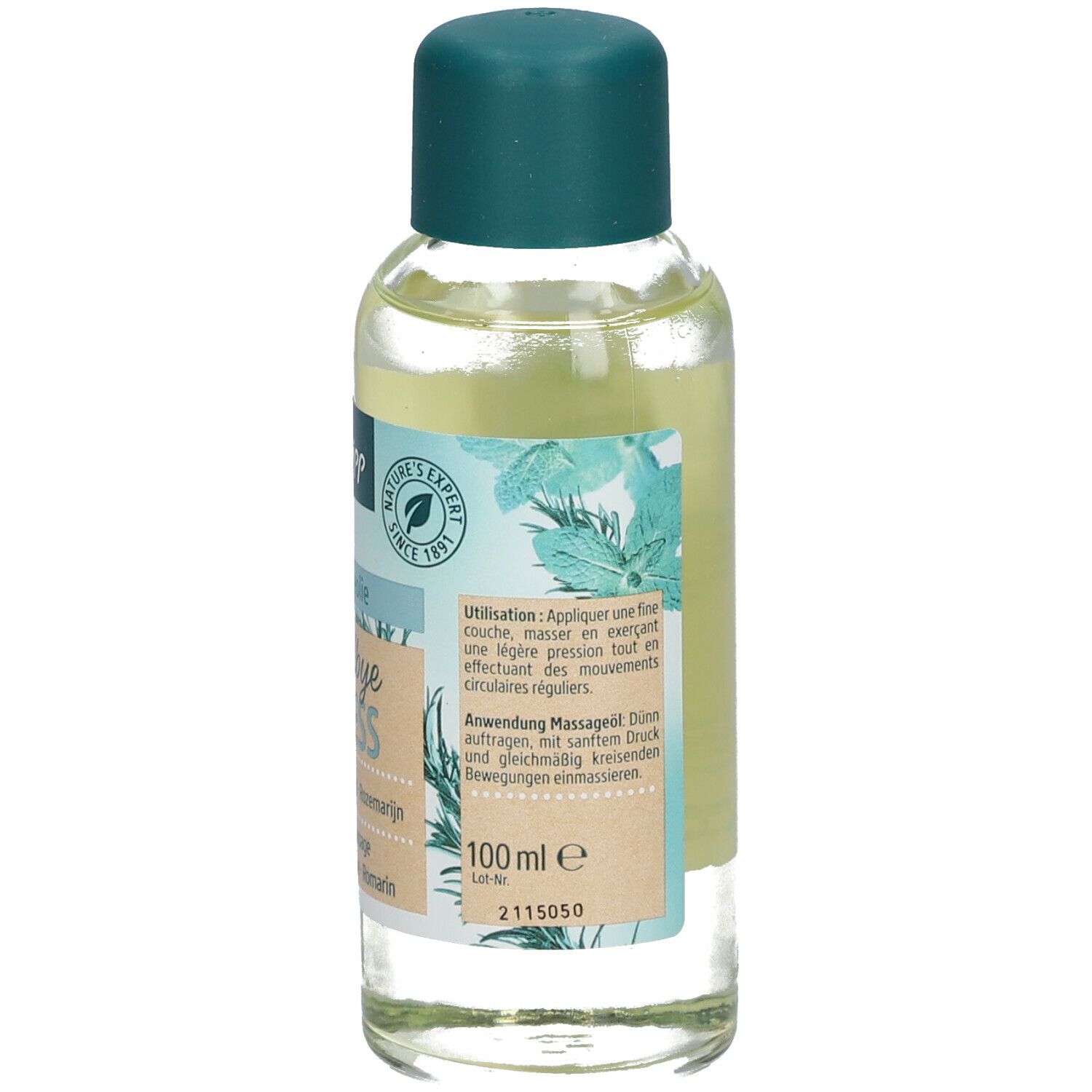Kneipp Goodbye Stress massageolie fles. Etiket met gebruiksaanwijzing, ingrediënten en volume 100 ml.