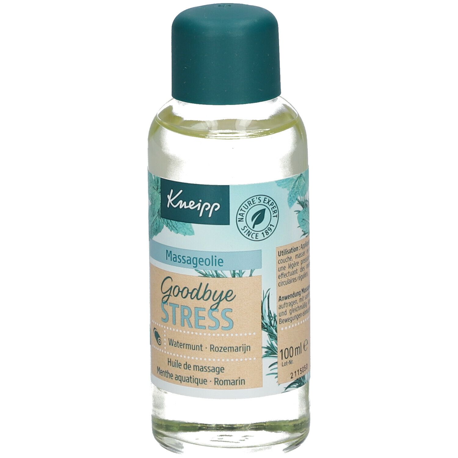 Kneipp Goodbye Stress massageolie fles. Vooraanzicht. Etiket met productnaam, ingrediënten en logo.
