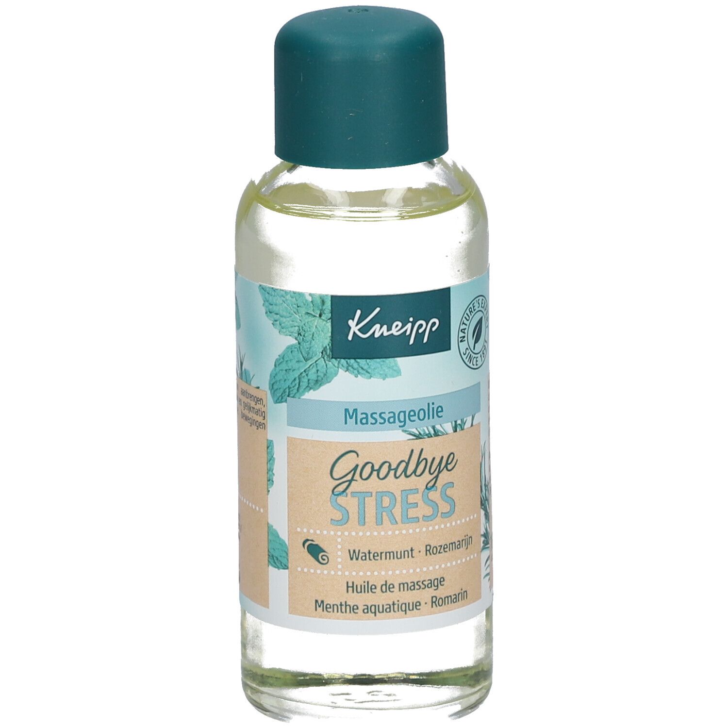 Kneipp Goodbye Stress massageolie fles. Vooraanzicht. Etiket met productnaam, ingrediënten en logo.
