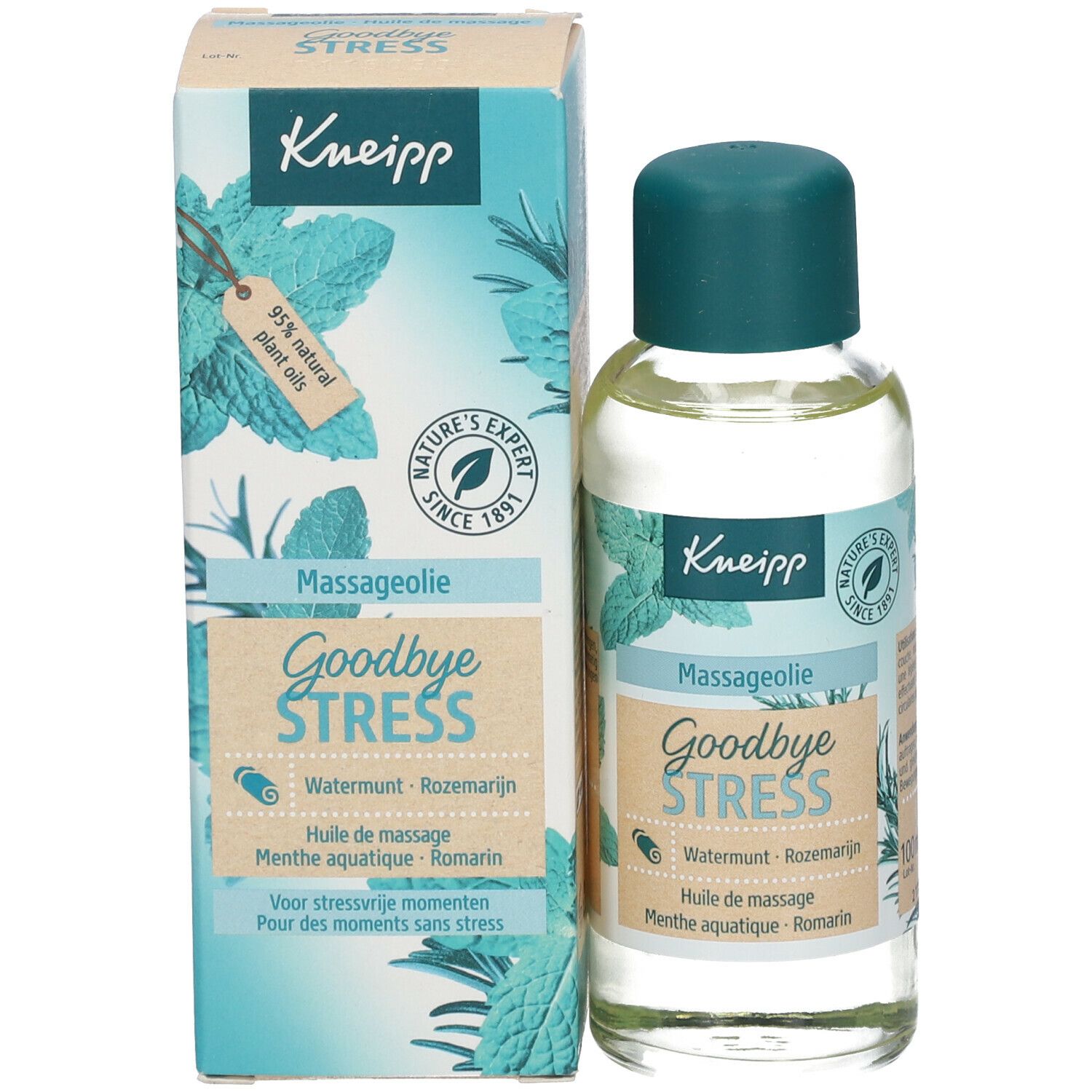 Kneipp Goodbye Stress massageolie met verpakking. Fles en doos met productnaam, logo en ingrediënten.