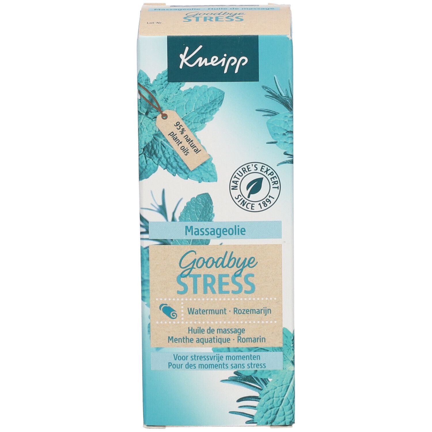 Kneipp Goodbye Stress massageolie verpakking. Doos met productnaam, logo en ingrediënten.