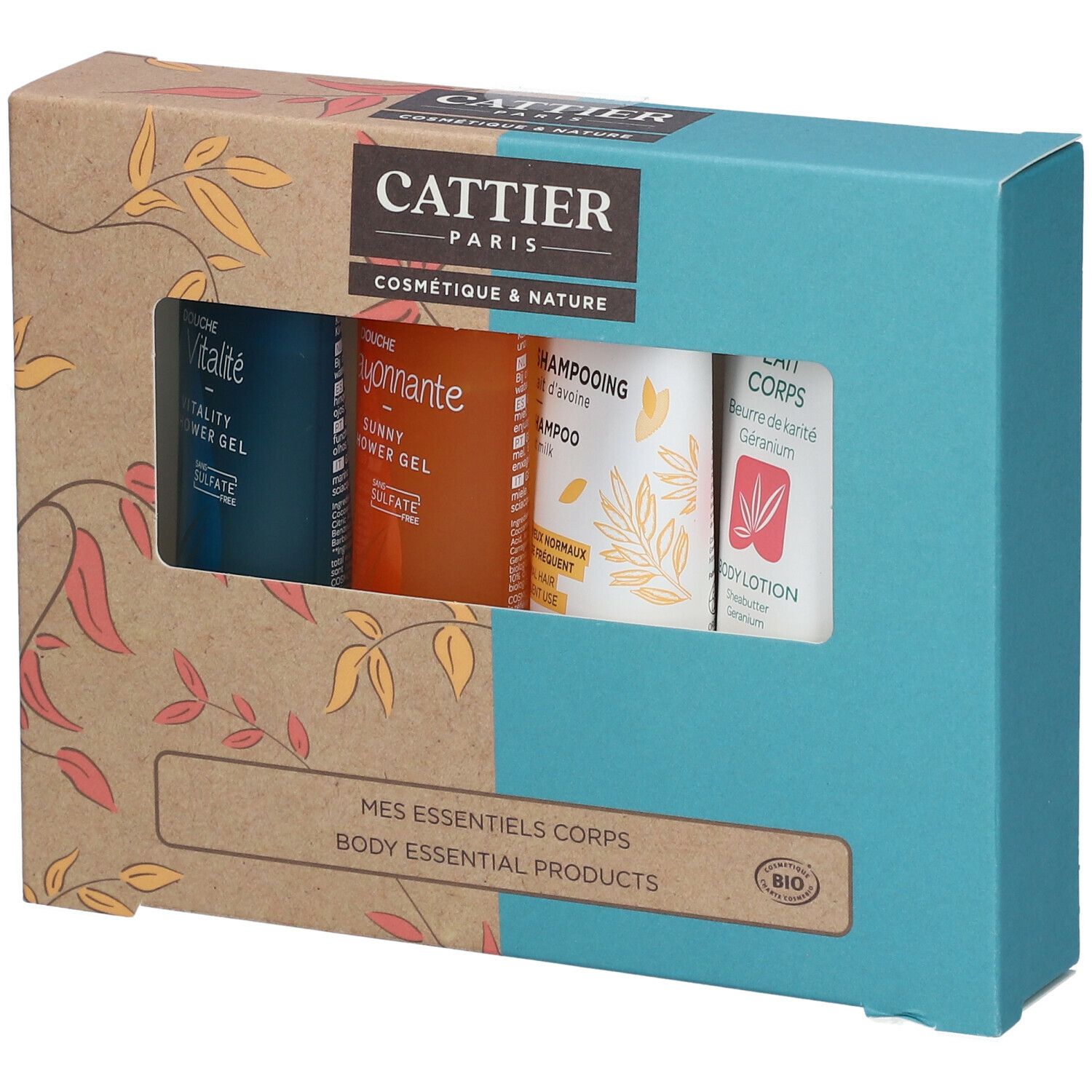 Coffret cadeau avec quatre produits de soin corporel. Boîte avec fenêtre. Marque Cattier Paris. Texte: Mes Essentiels Corps, Body Essential Products.