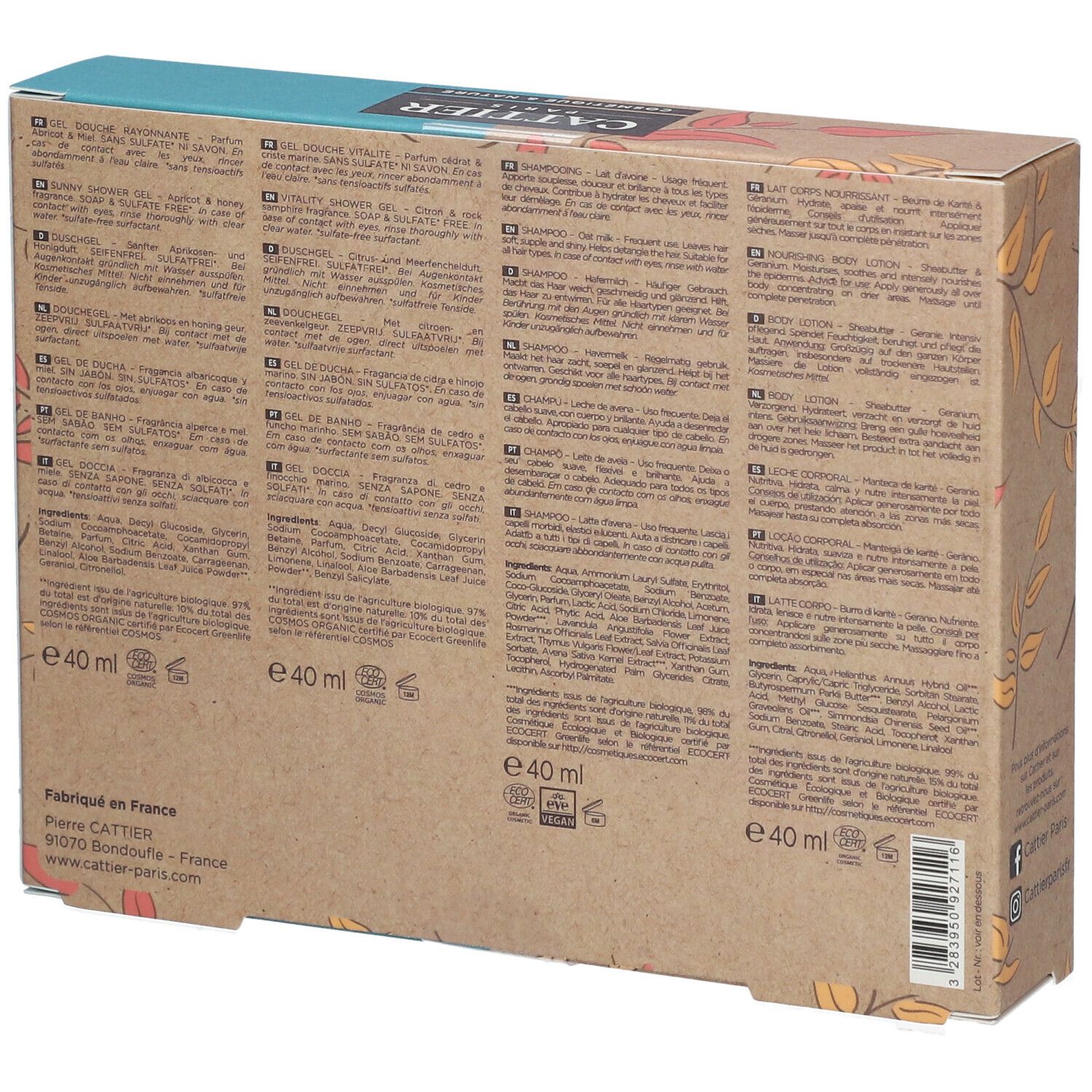Dos du coffret cadeau avec informations sur les produits et ingrédients en plusieurs langues. Marque Cattier Paris. Taille: 40 ml.