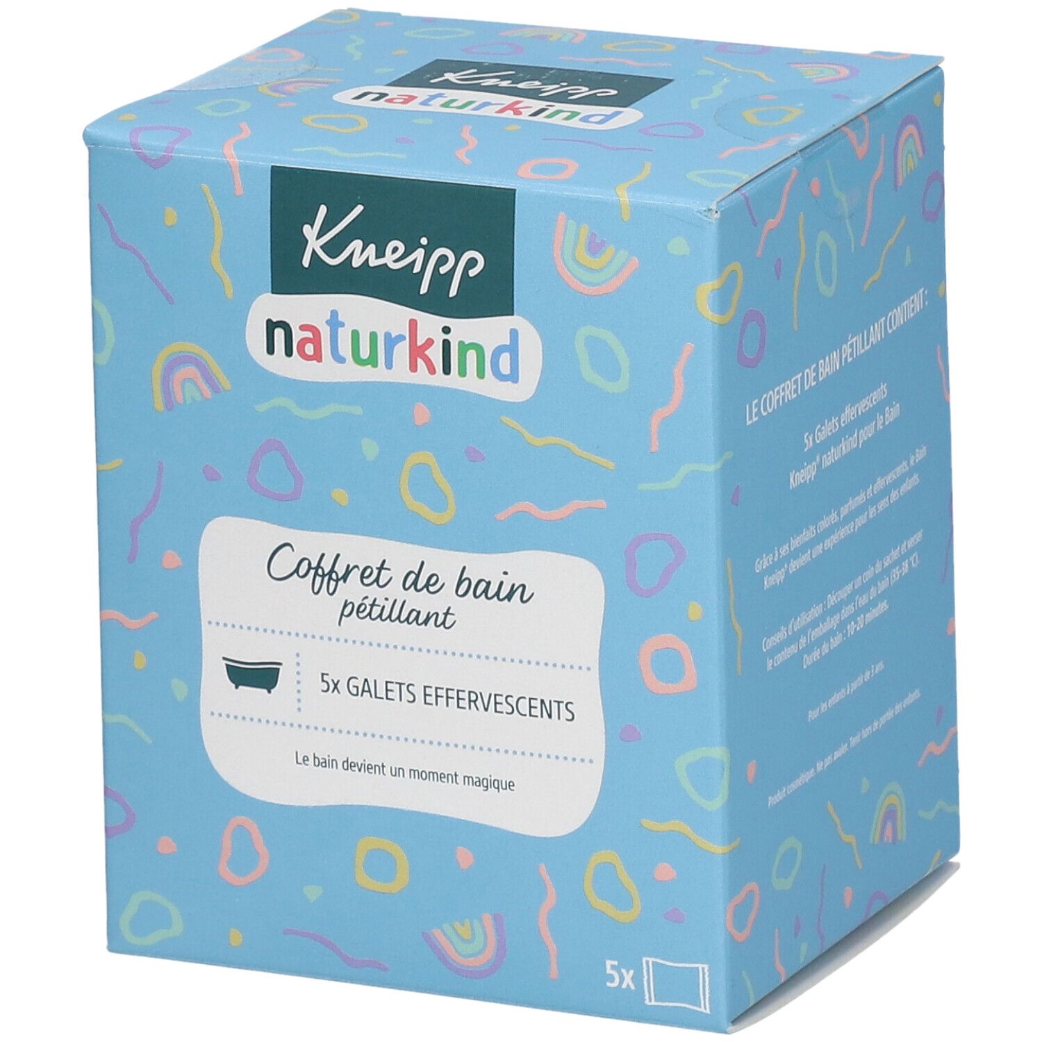 Lichtblauwe doos met Kneipp naturkind logo. Bevat 5 bruistabletten. Kleurrijke patronen en tekst. 'Le bain devient un moment magique'.