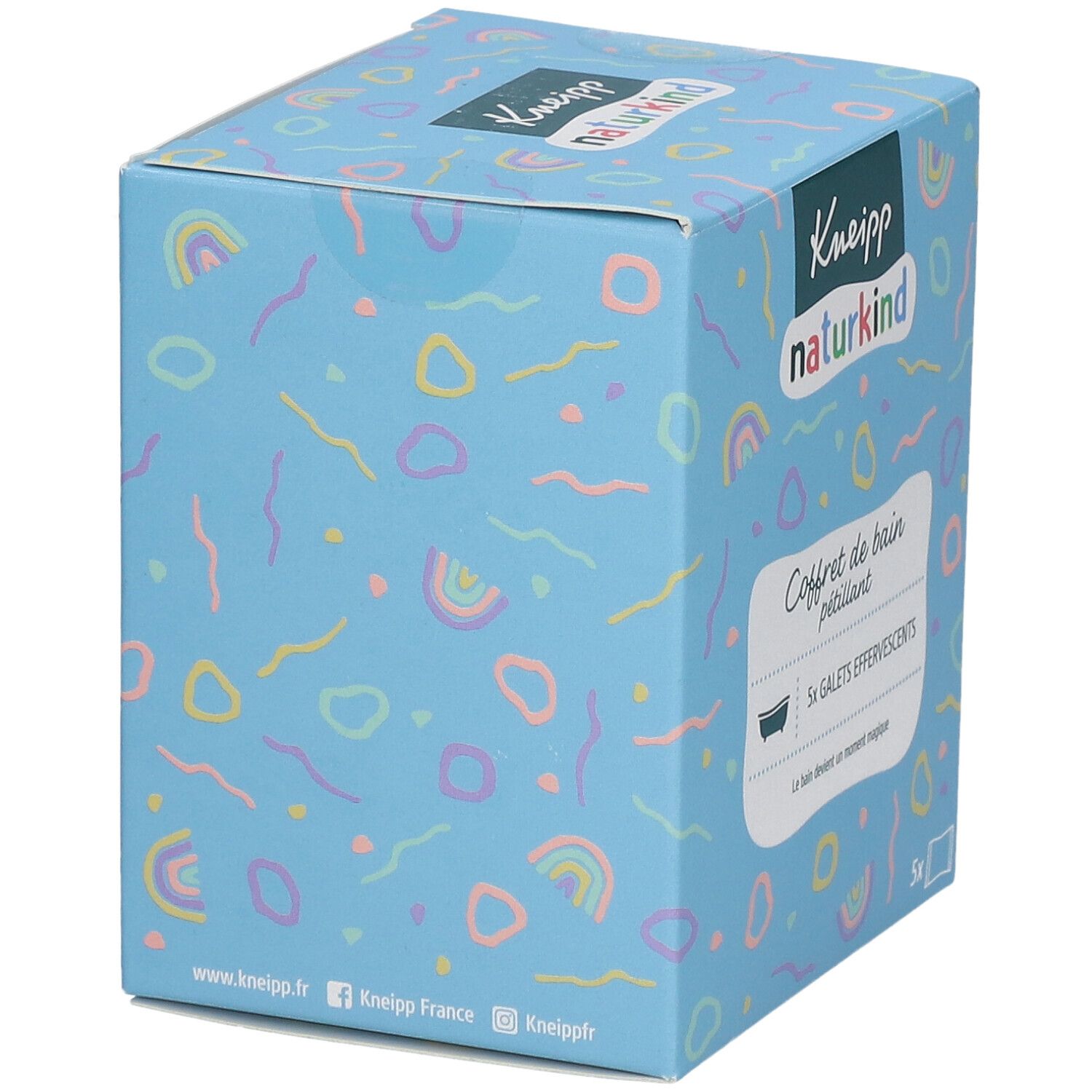 Lichtblauwe doos met Kneipp naturkind logo. Kleurrijke patronen en tekst. Bevat 5 bruistabletten. Website en social media iconen.
