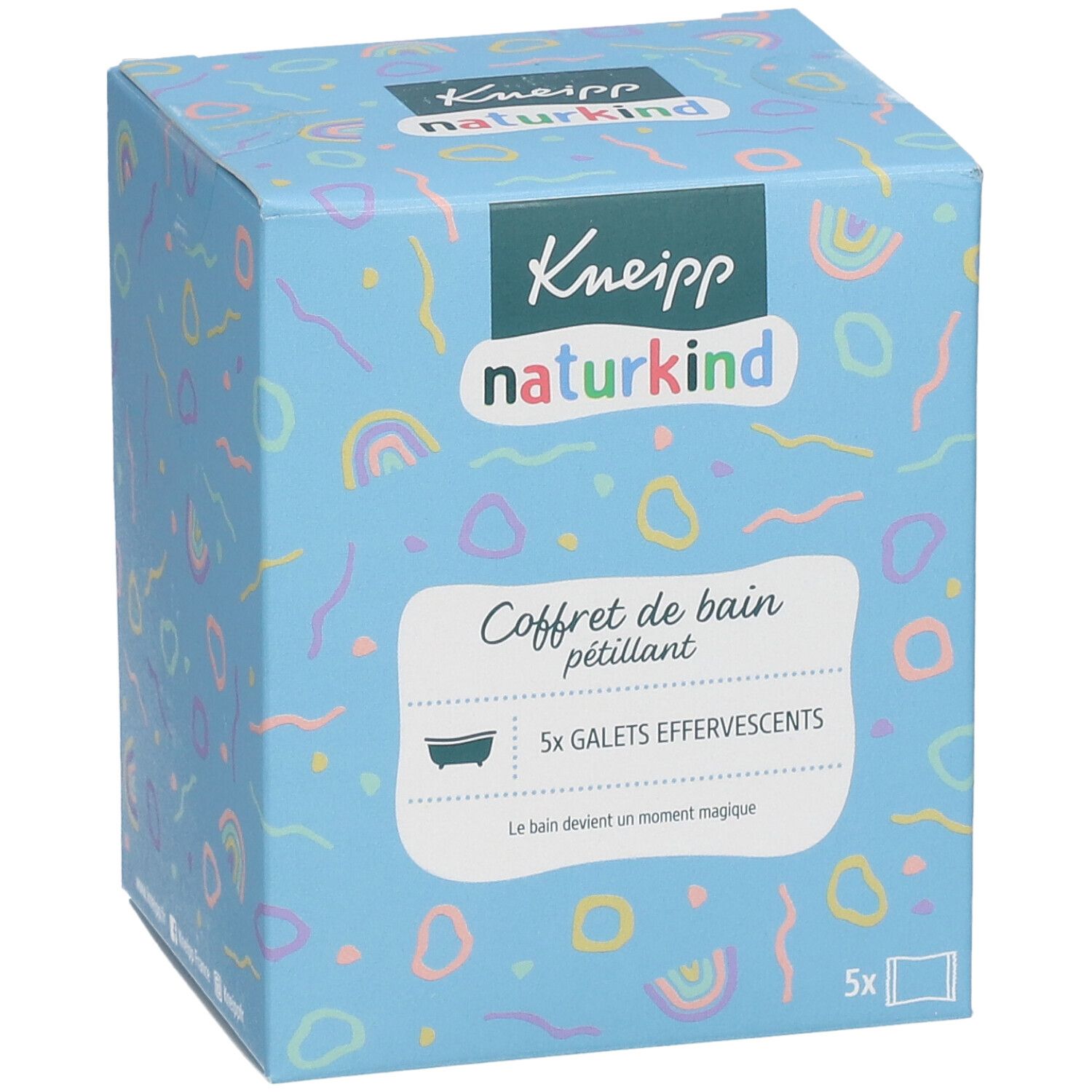 Lichtblauwe doos met Kneipp naturkind logo. Bevat 5 bruistabletten. Kleurrijke patronen en tekst. 'Le bain devient un moment magique'.