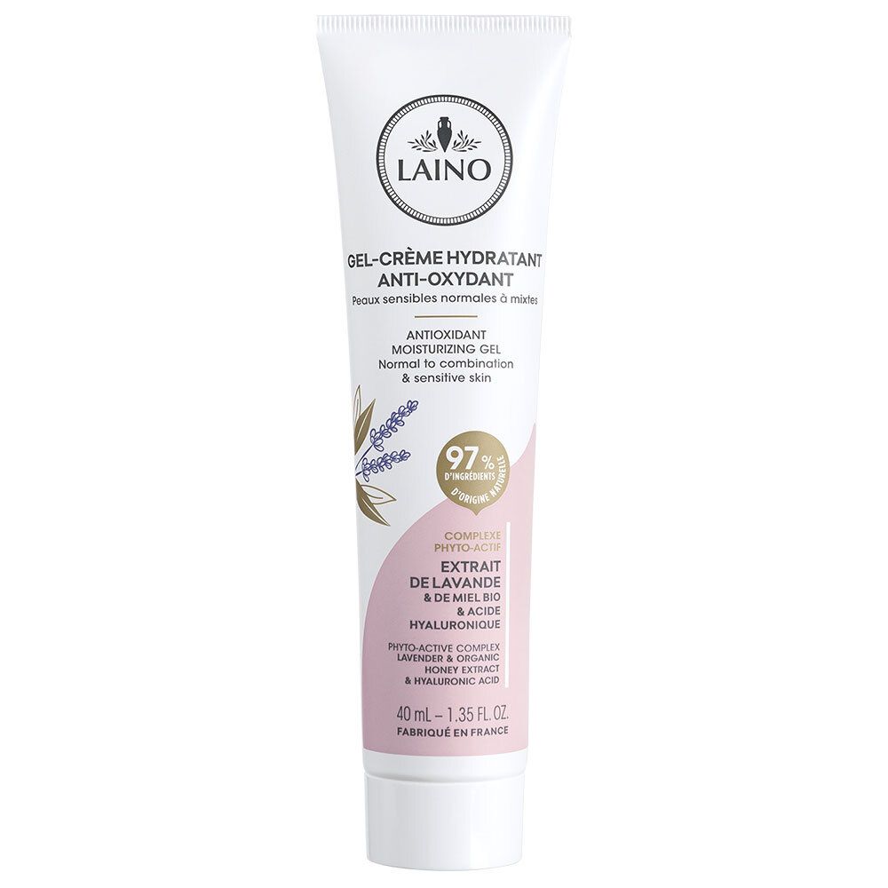 Tube blanc avec détails roses. Inscription : LAINO, Gel-Crème Hydratant Anti-Oxydant. Contient extraits de lavande et miel.