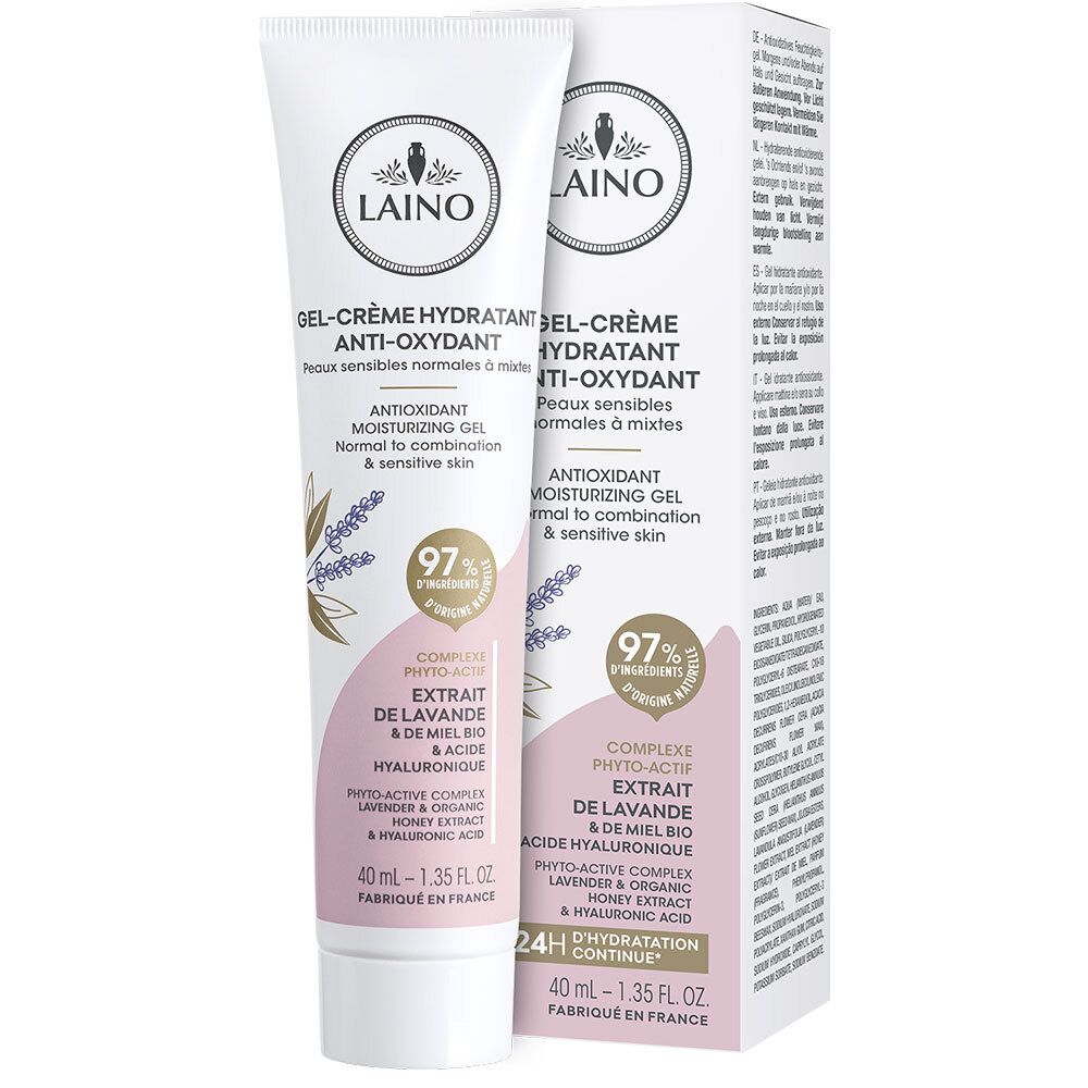 Emballage produit : tube et boîte. Inscription : LAINO, Gel-Crème Hydratant Anti-Oxydant. Contient lavande et miel.