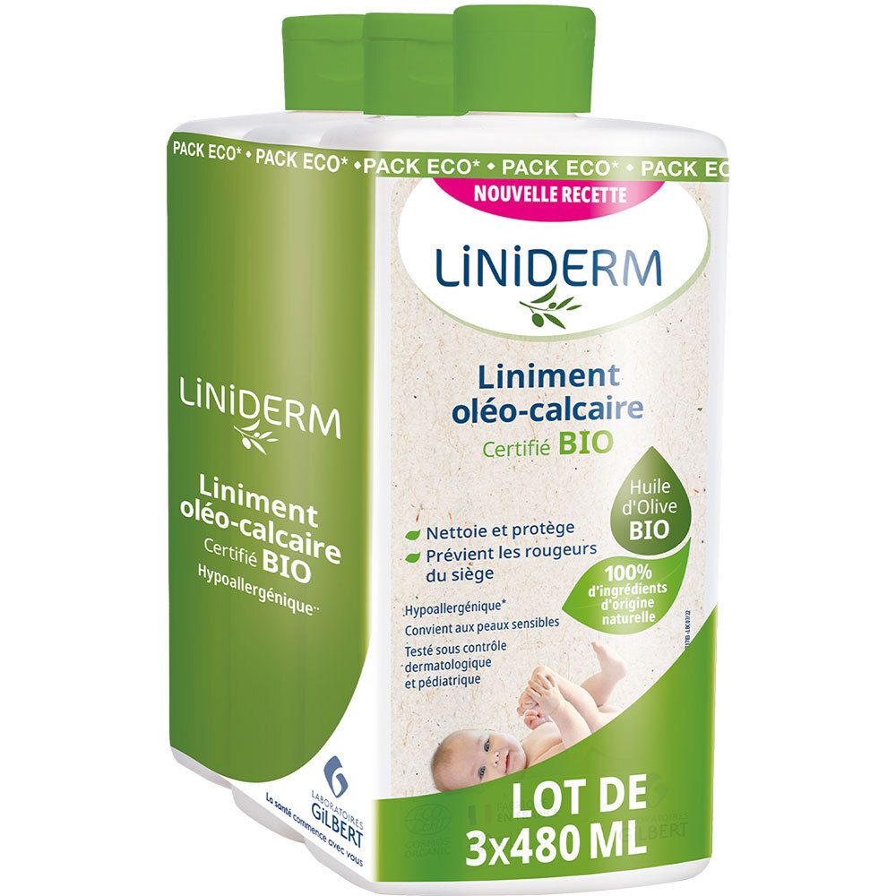 Verpakking van drie flessen. Opschrift: LiNiDERM Liniment oléo-calcaire Certifié BIO. Groene en witte verpakking. Bevat olijfolie.