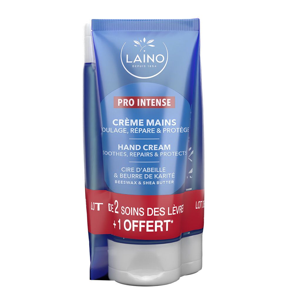 LAINO Pro Intense handcrème verpakking. Bevat handcrème en lipverzorging. Blauwe tube met rode tekst.