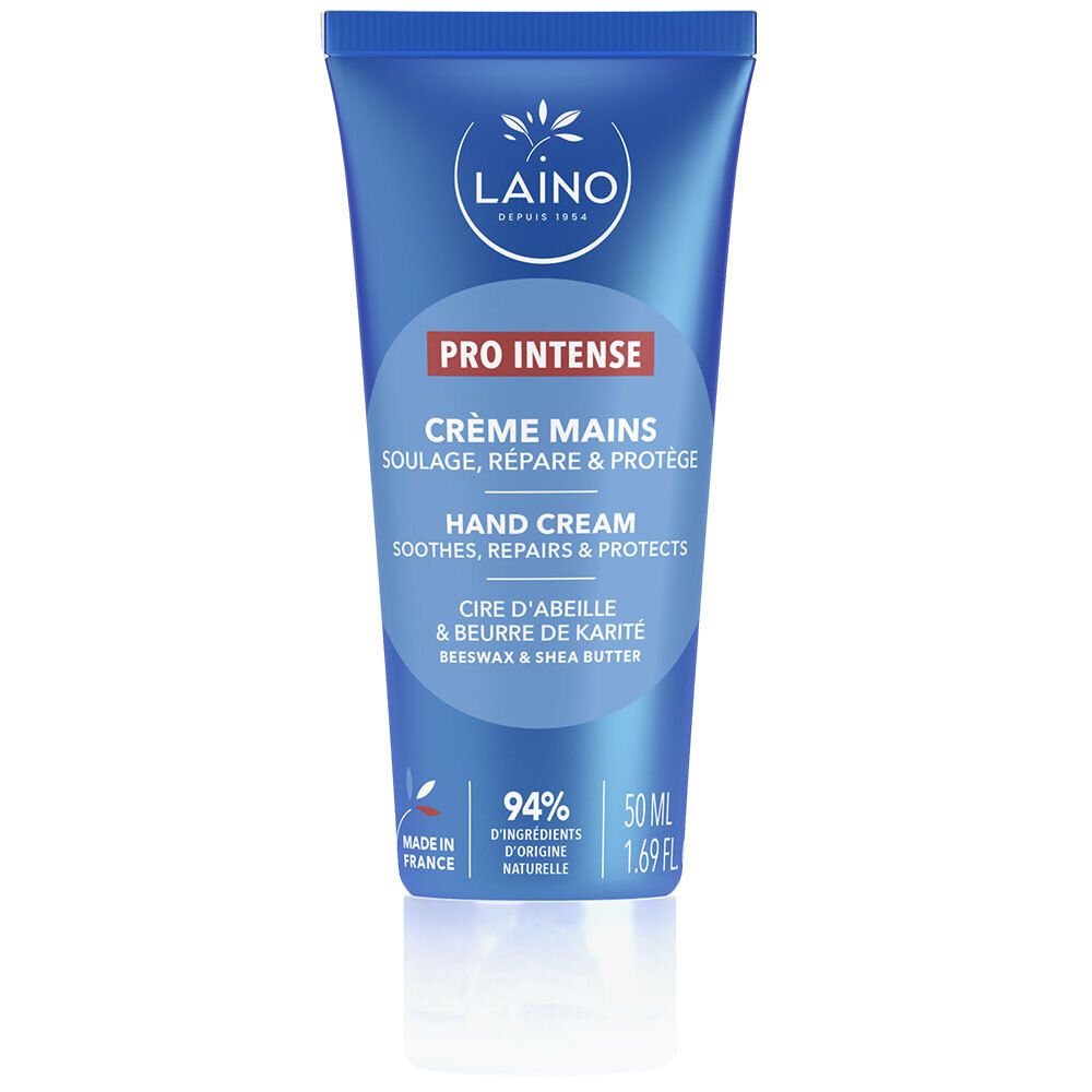 Blauwe tube LAINO Pro Intense handcrème. Bevat 50 ml. 94% ingrediënten van natuurlijke oorsprong.