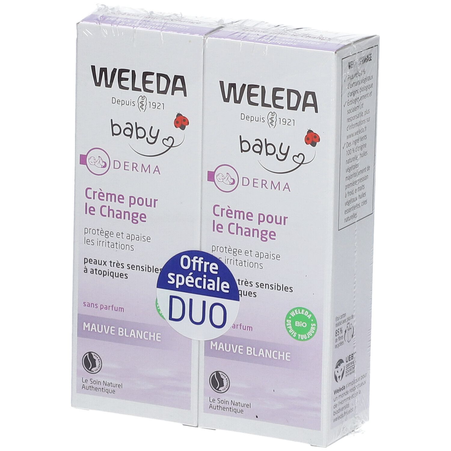 Twee verpakkingen WELEDA Baby Derma Crème pour le Change. Duo met sticker. Tekst: Mauve Blanche, sans parfum.