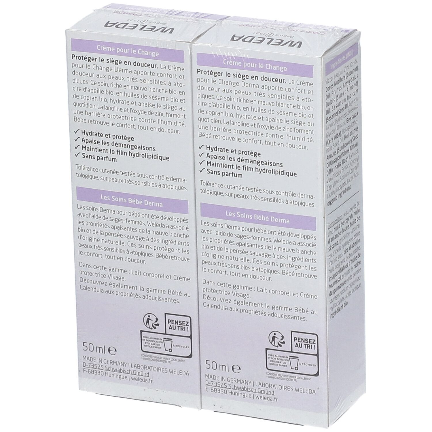 Achterkant van twee verpakkingen WELEDA Baby Derma Crème pour le Change. Tekst: 50ml, Les Soins Bébé Derma.