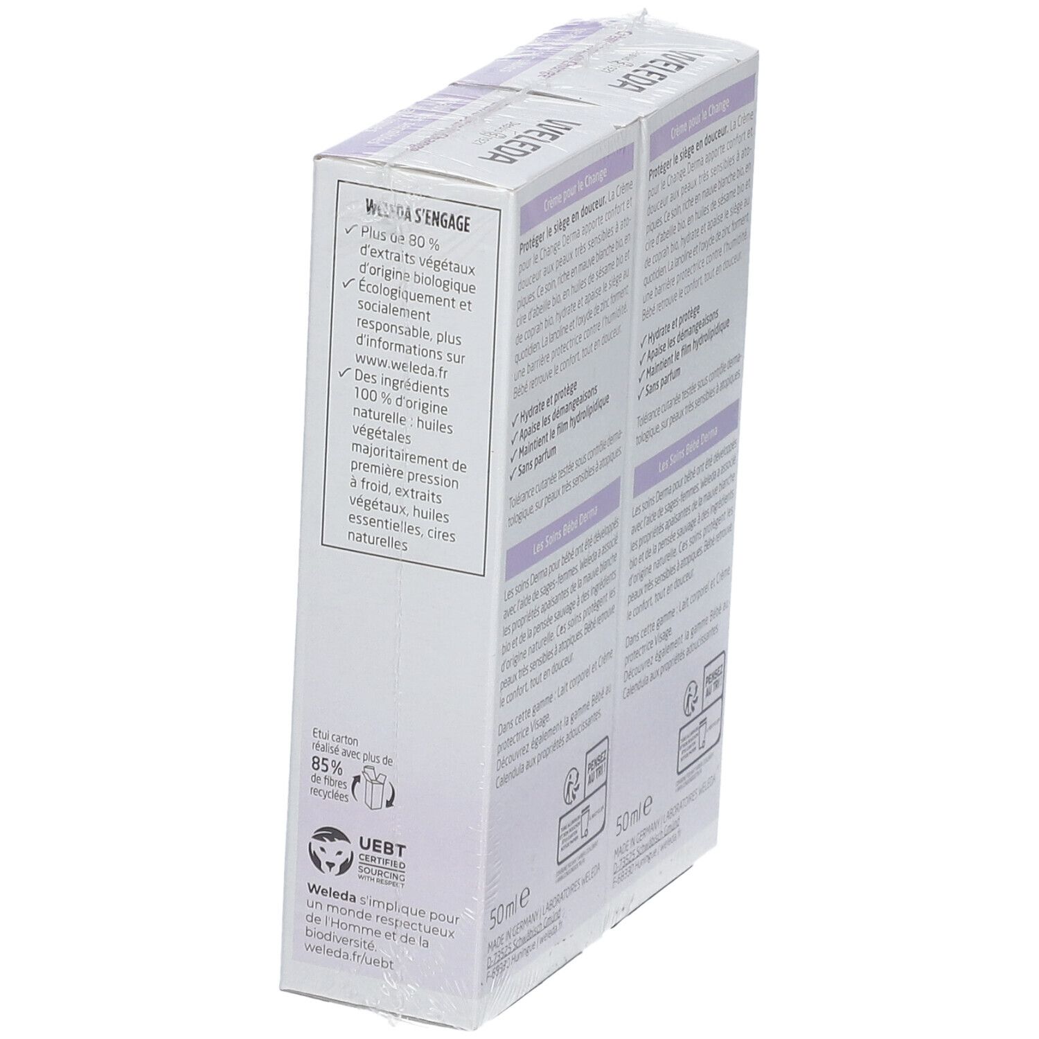 Twee verpakkingen WELEDA Baby Derma Crème pour le Change. Zijkant met tekst en logo. UEBT-certificering.