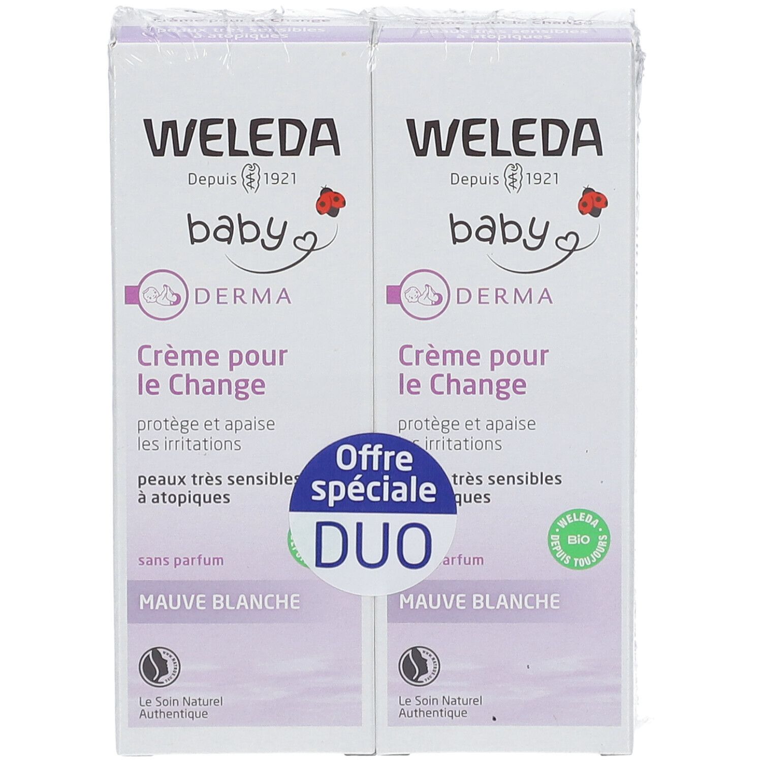 Twee verpakkingen WELEDA Baby Derma Crème pour le Change. Voorkant met logo en tekst. Duo.