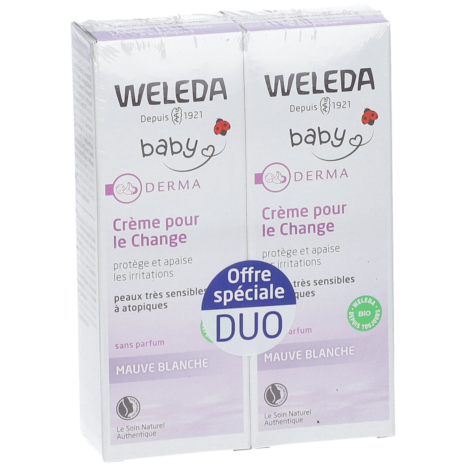Twee verpakkingen WELEDA Baby Derma Crème pour le Change. Voorkant met logo en tekst. Duo.