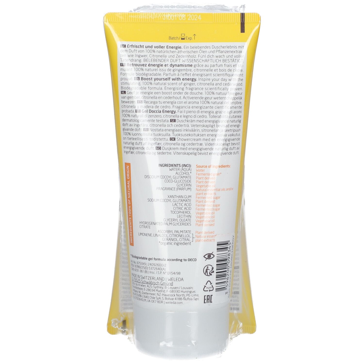 Tube de gel jaune et blanc, emballé dans du film plastique. Texte en allemand, anglais, français, italien, néerlandais et suédois.