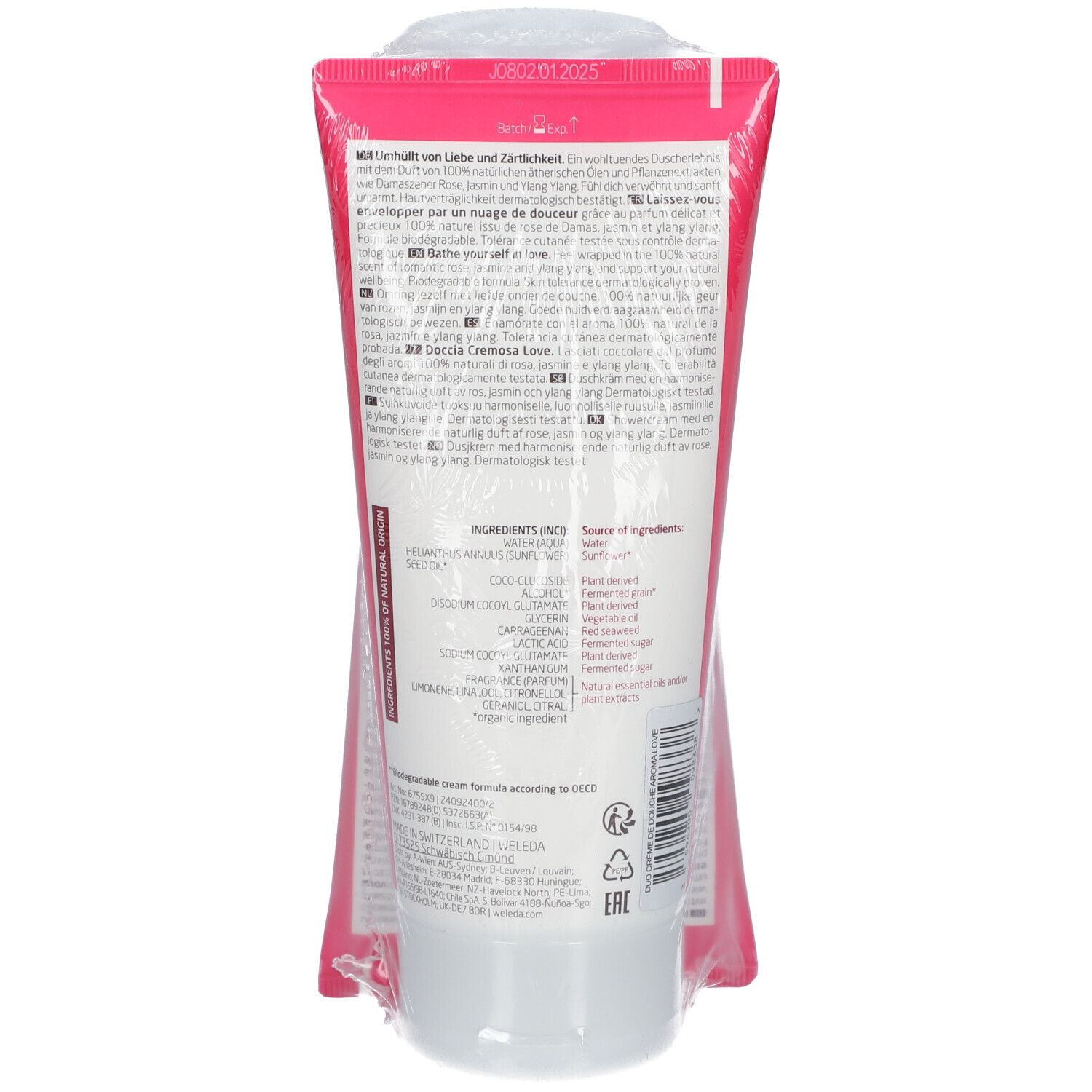 Crèmetube in folie. Achterkant met tekst en ingrediënten. Roze en witte kleuren. EAN-code en certificeringen.