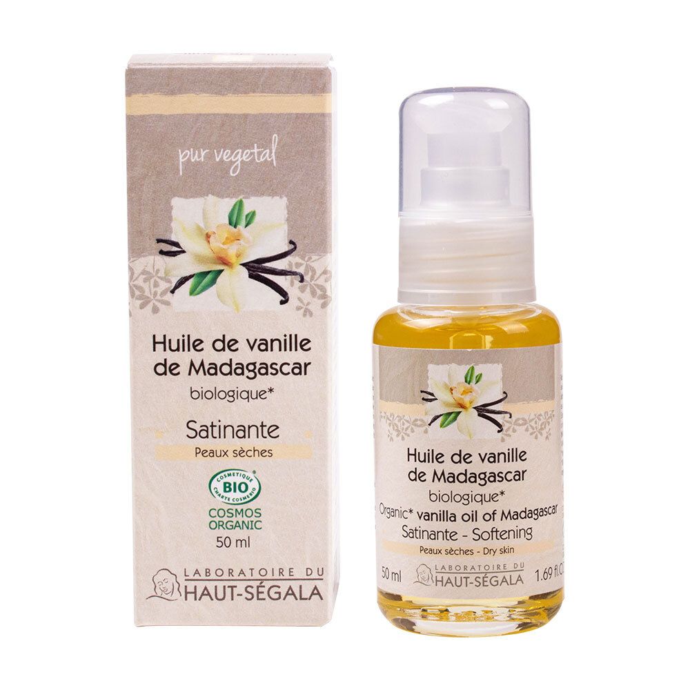 Olie fles en doos. Opschrift: Huile de vanille de Madagascar biologique. 50 ml. Bio-certificering.