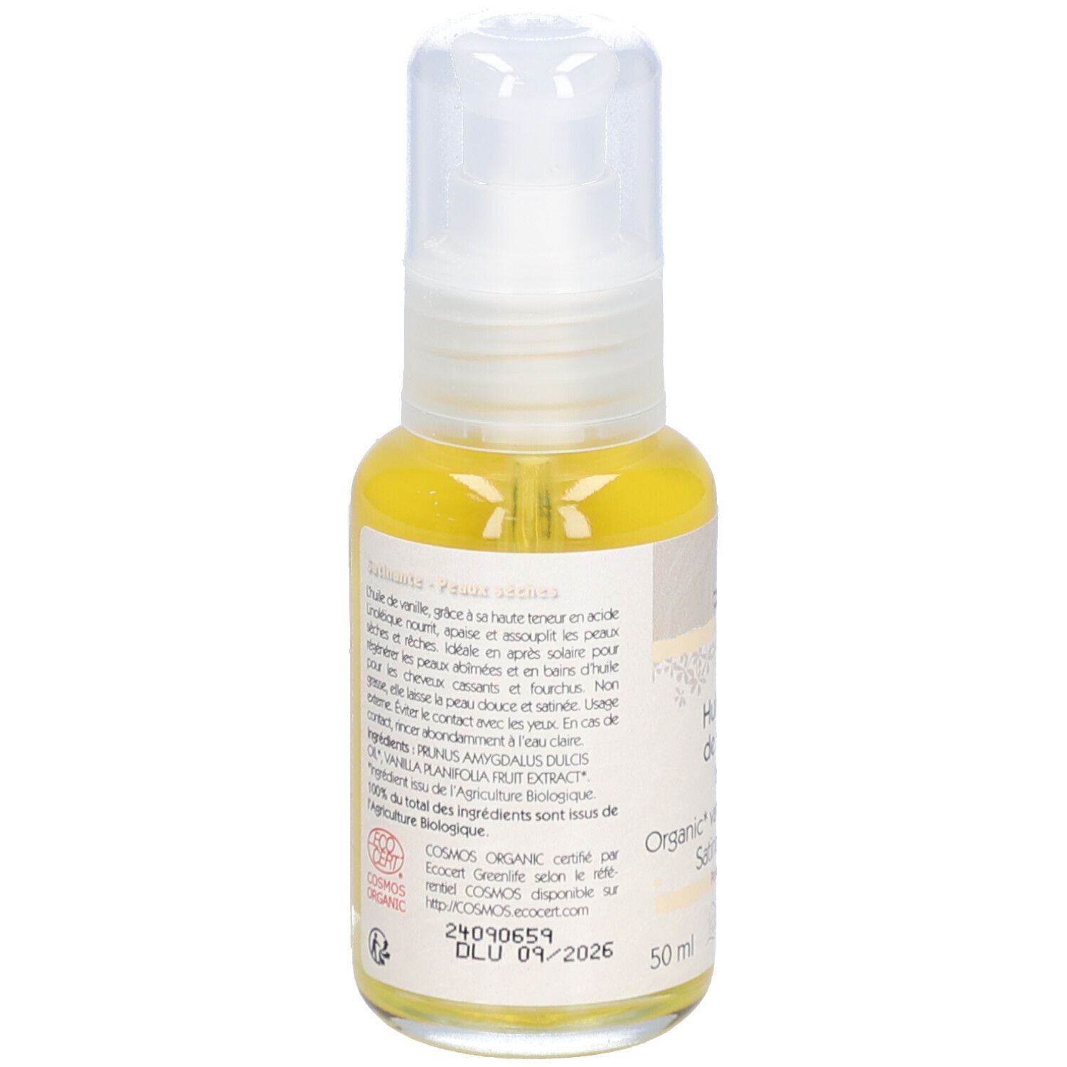 Achterkant van de oliefles. Tekst: Huile de vanille de Madagascar biologique. 50 ml. COSMOS ORGANIC certificering.