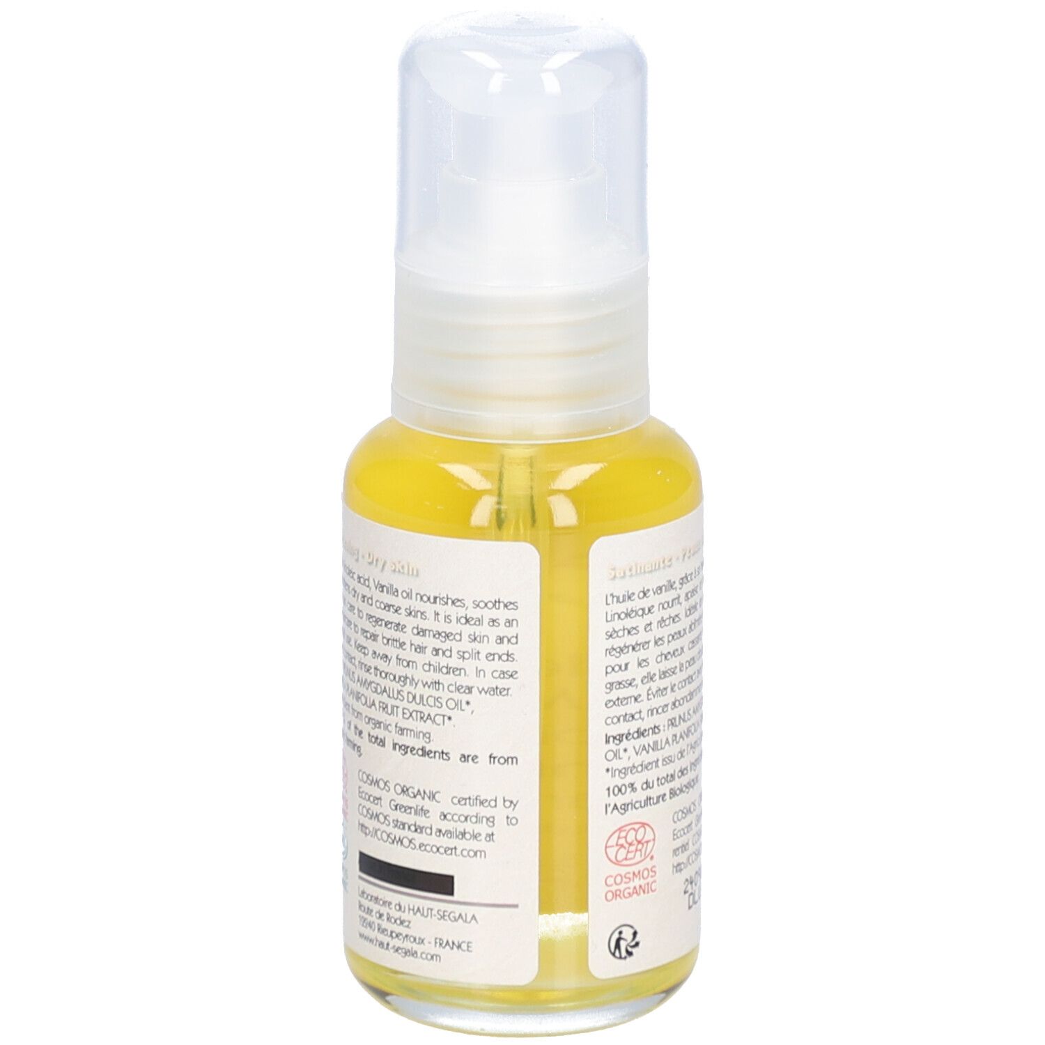 Achterkant van de oliefles. Tekst: Huile de vanille de Madagascar biologique. 50 ml. COSMOS ORGANIC certificering.