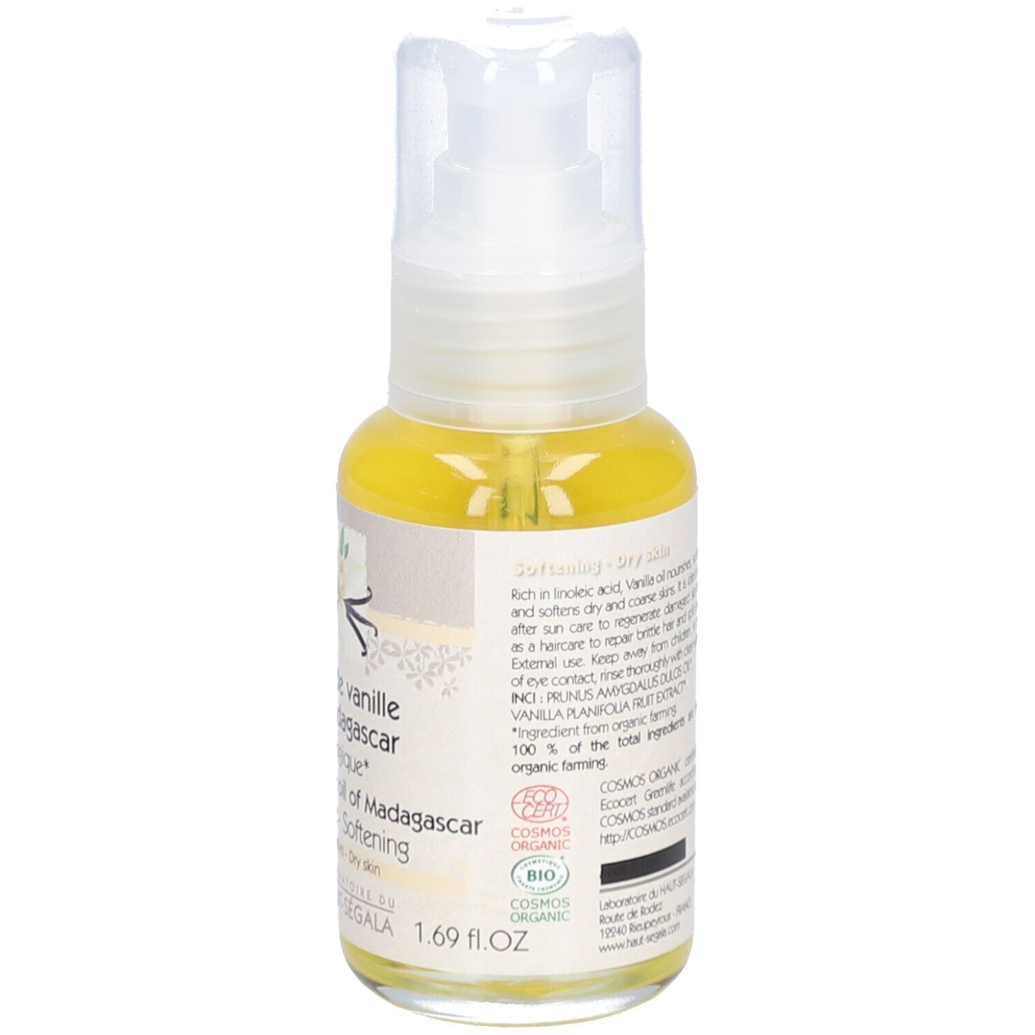 Achterkant van de oliefles. Tekst: Huile de vanille de Madagascar biologique. 50 ml. COSMOS ORGANIC certificering.