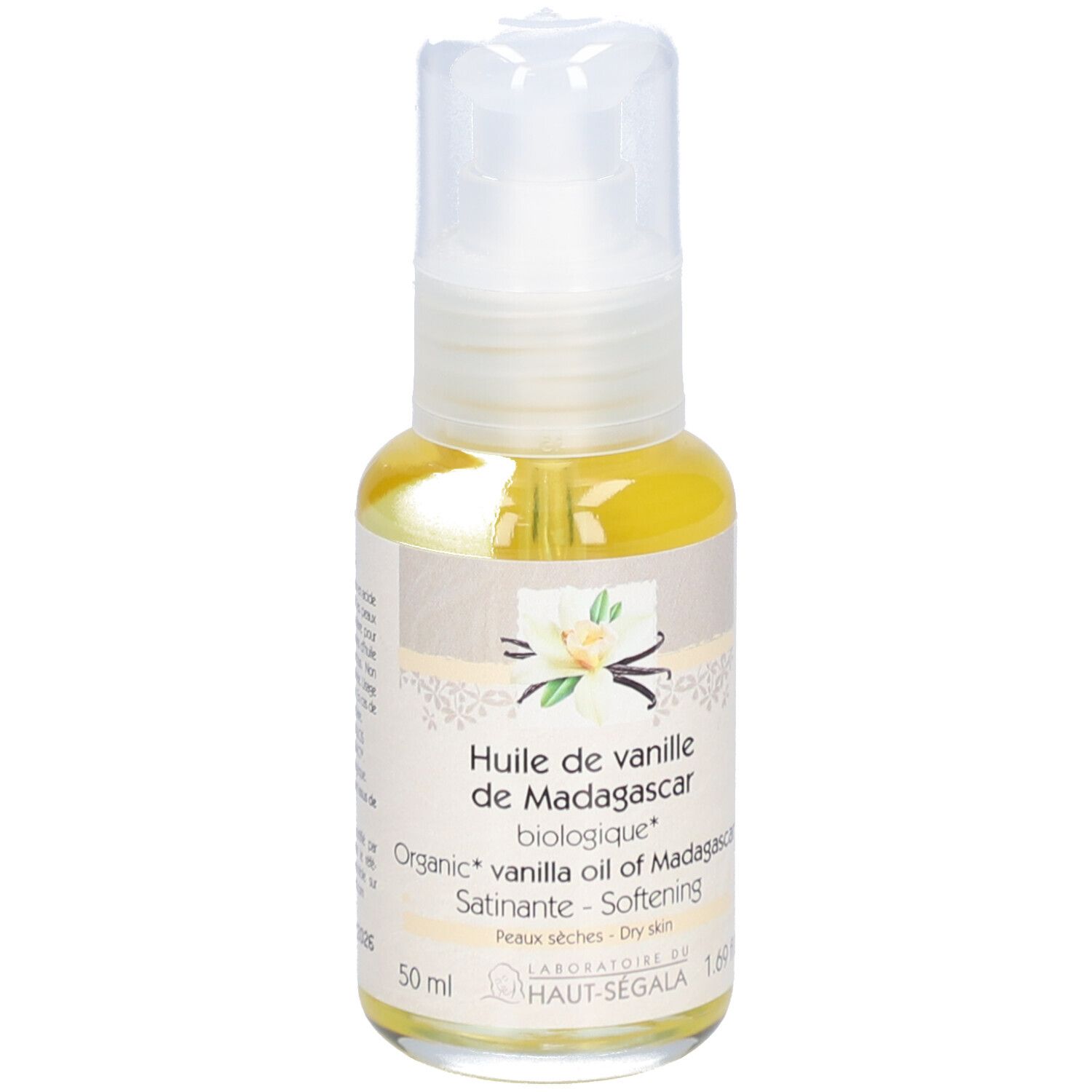 Achterkant van de oliefles. Tekst: Huile de vanille de Madagascar biologique. 50 ml. COSMOS ORGANIC certificering.