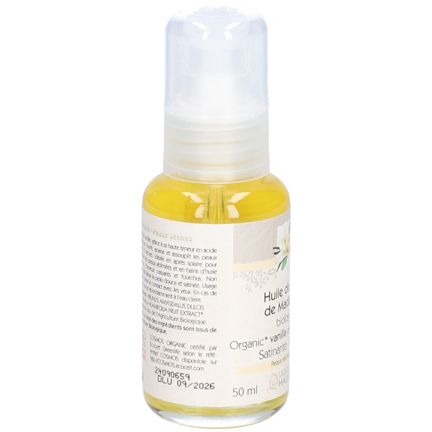 Achterkant van de oliefles. Tekst: Huile de vanille de Madagascar biologique. 50 ml. COSMOS ORGANIC certificering.