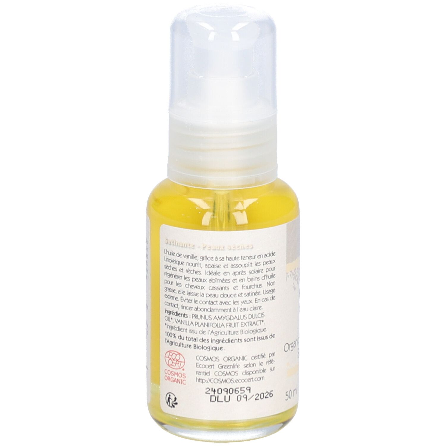 Achterkant van de oliefles. Tekst: Huile de vanille de Madagascar biologique. 50 ml. COSMOS ORGANIC certificering.