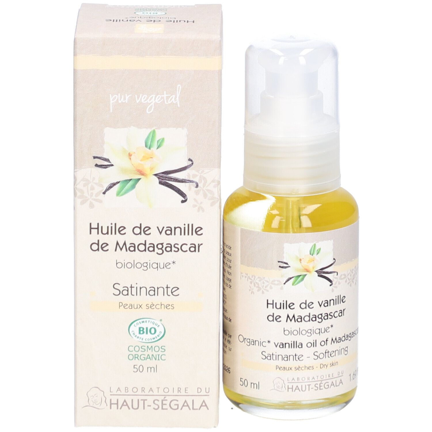 Olie fles en doos. Opschrift: Huile de vanille de Madagascar biologique. 50 ml. Bio-certificering.