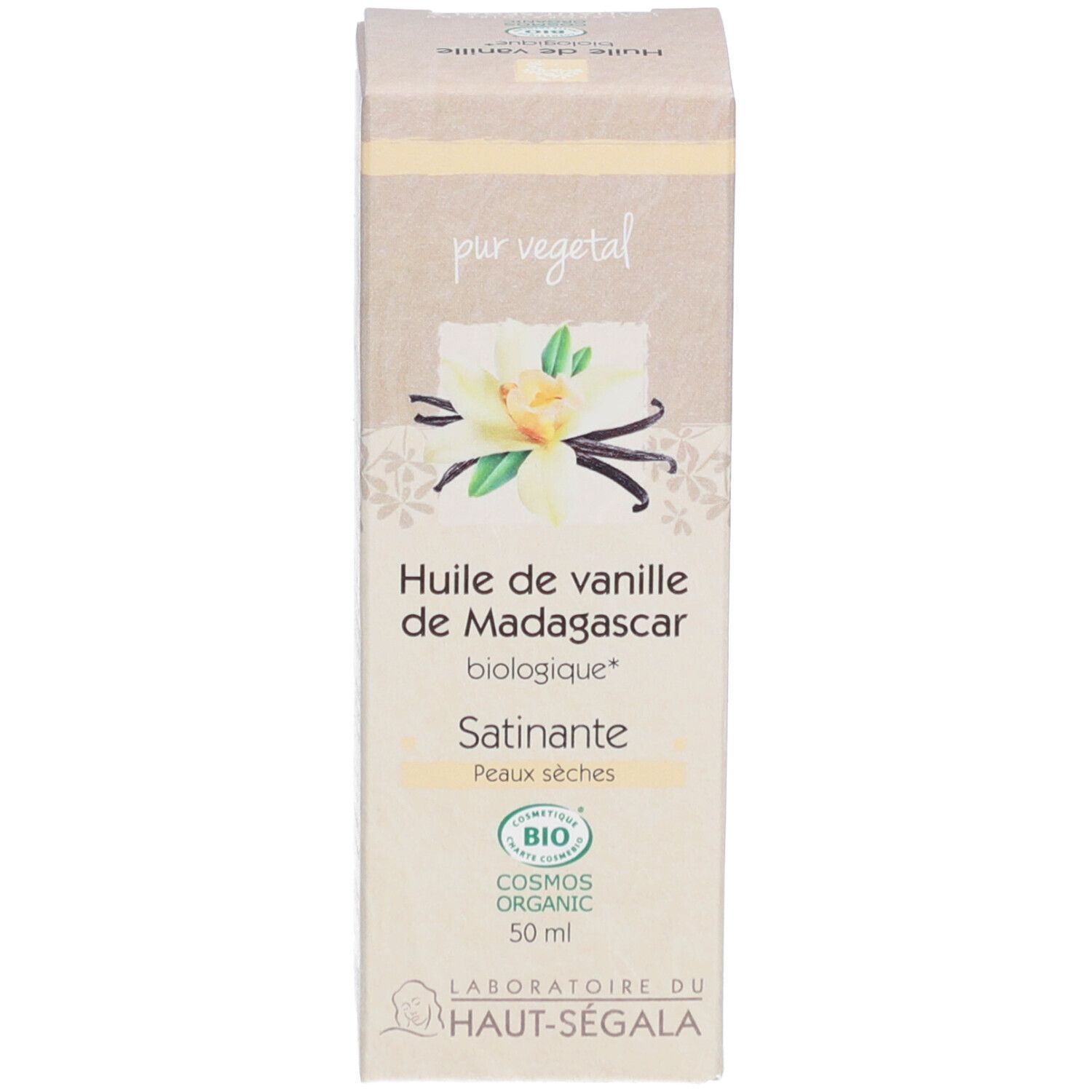 Doos. Opschrift: Huile de vanille de Madagascar biologique. 50 ml. Bio-certificering.