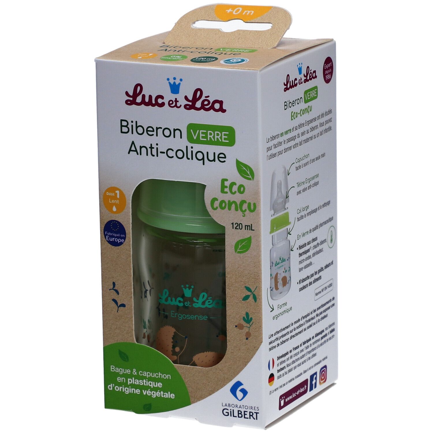 Glazen babyfles in verpakking. Groene dop, transparante fles. Tekst: Anti-colique, Eco conçu, 120 ml.