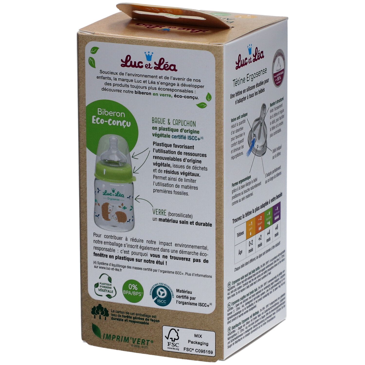 Verpakking, zijaanzicht. Tekst: Biberon Eco-conçu, Bagu & capuchon en plastique d'origine végétale. FSC-logo.