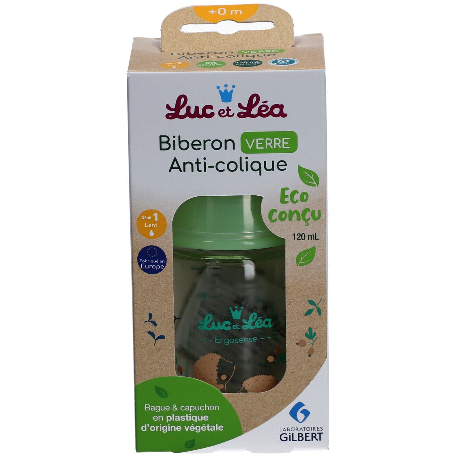 Babyfles in verpakking. Groene dop, transparante fles. Tekst: Anti-colique, Eco conçu, 120 ml. Logo.