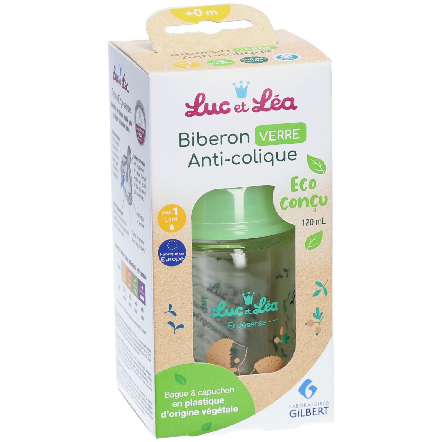 Babyfles in verpakking. Groene dop, transparante fles. Tekst: Anti-colique, Eco conçu, 120 ml. Logo.