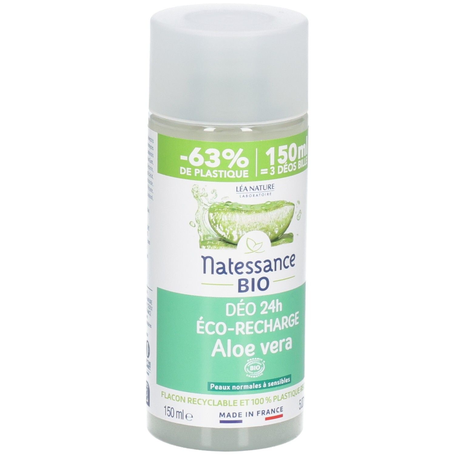 NATESSANCE BIO deodorant roller, Aloe vera. Witte fles met groen etiket. Bevat 150 ml. Recyclebaar.